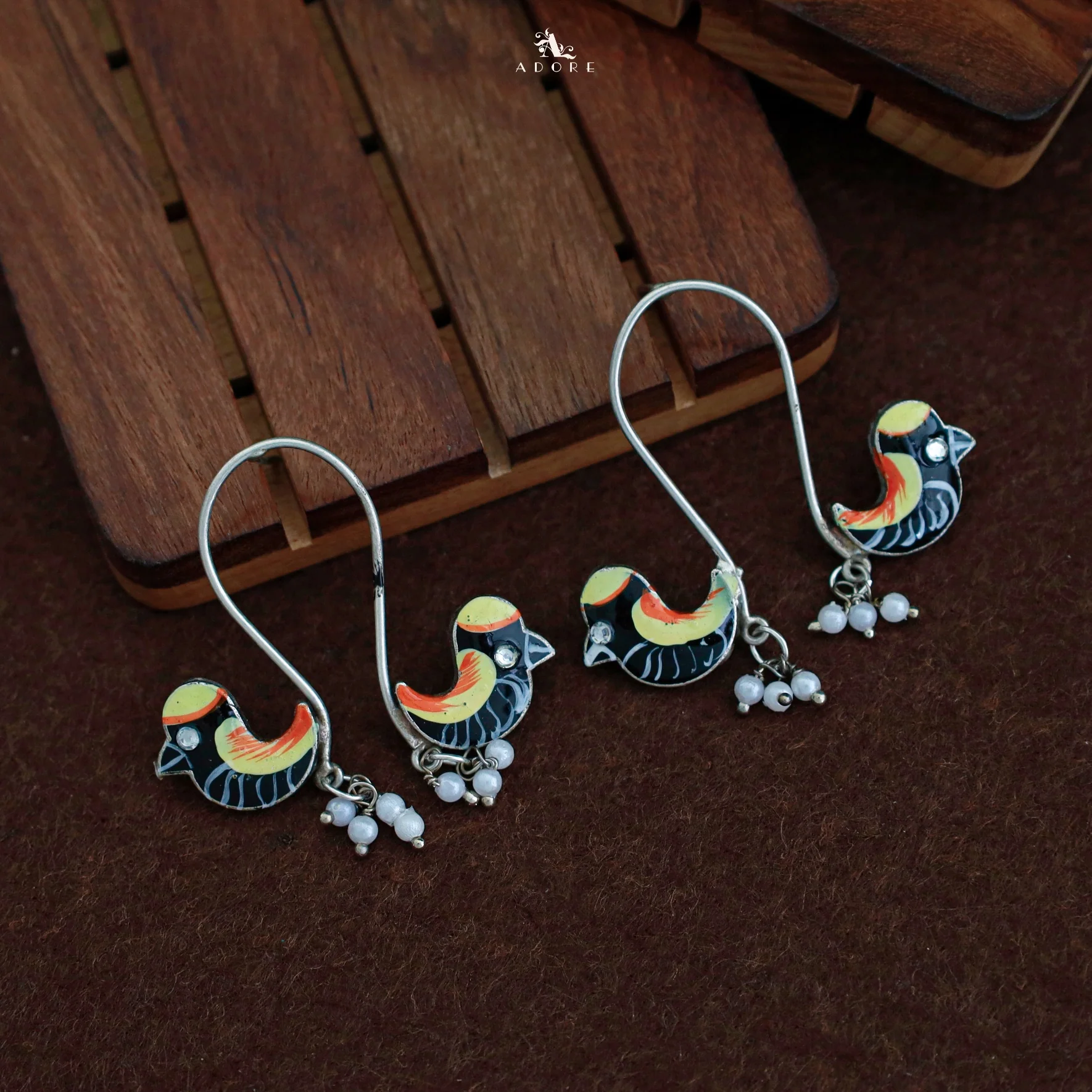 Antique Curvy Meenakari Bonsy Bird Earring - Image 2