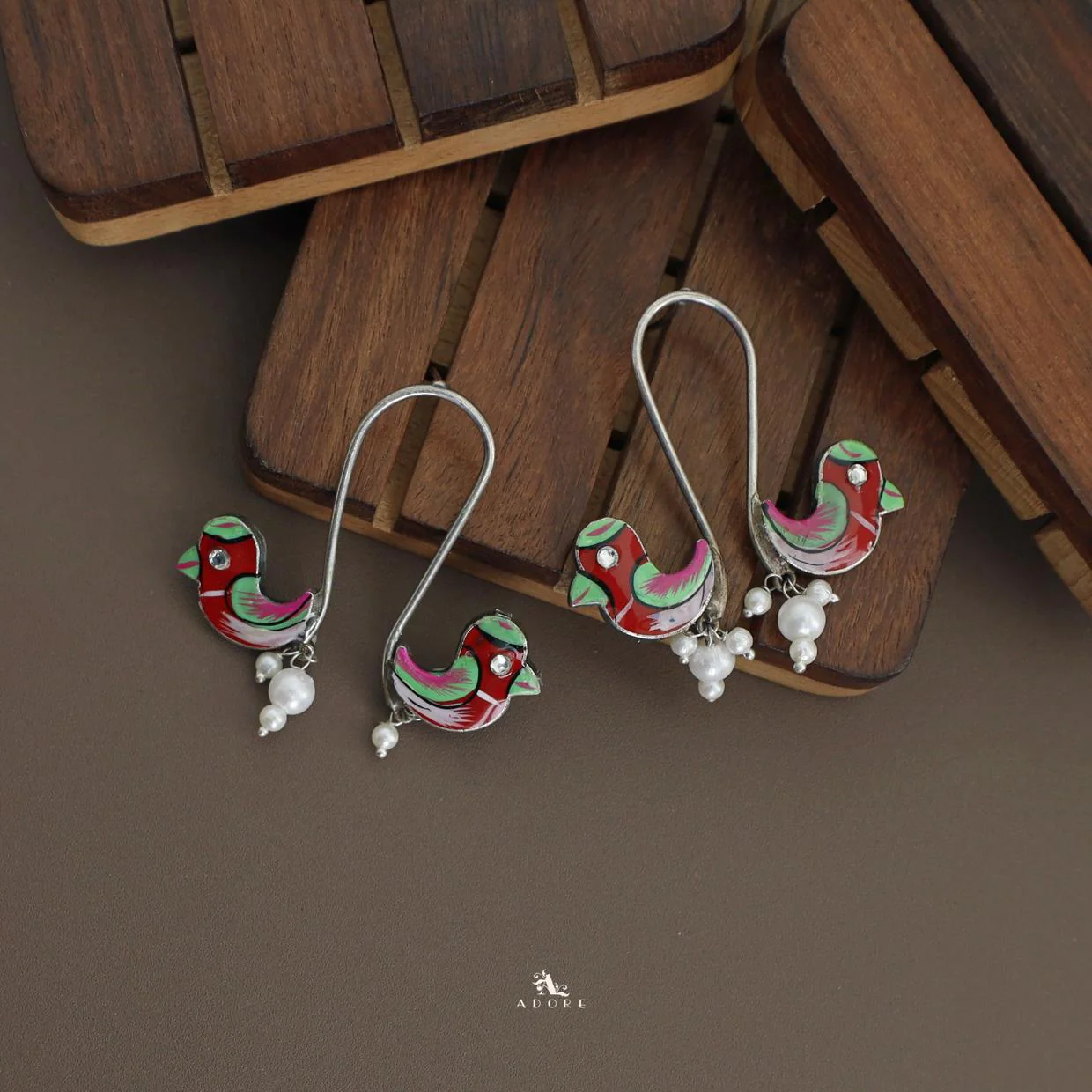 Antique Curvy Meenakari Bonsy Bird Earring - Image 20