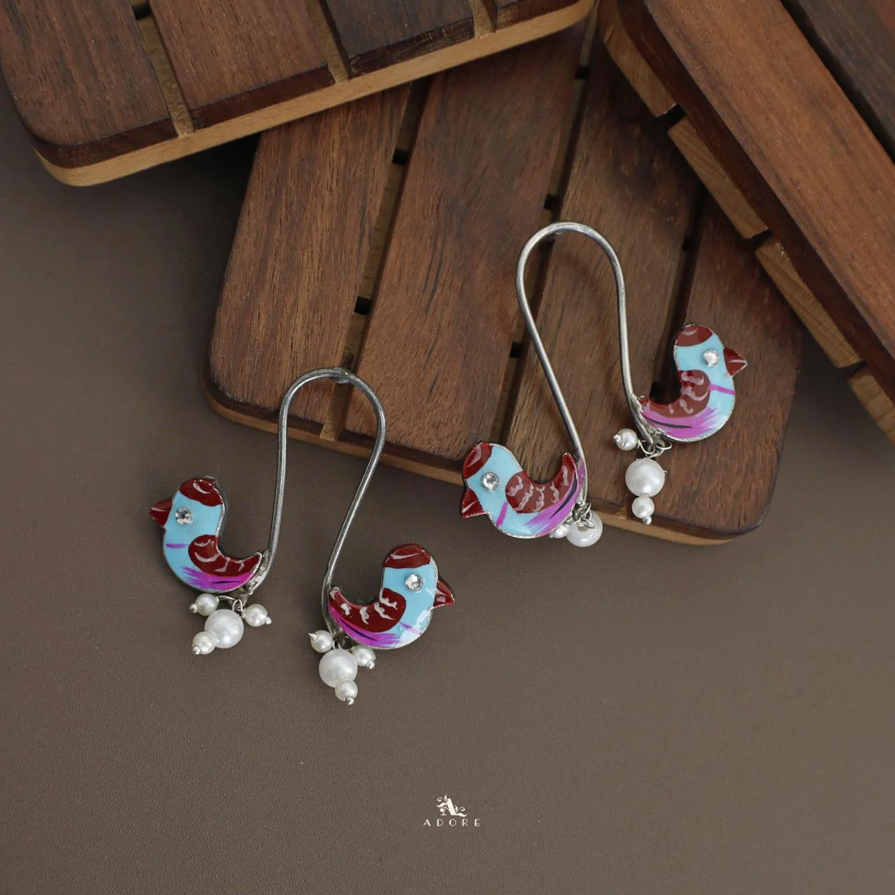 Antique Curvy Meenakari Bonsy Bird Earring - Image 23