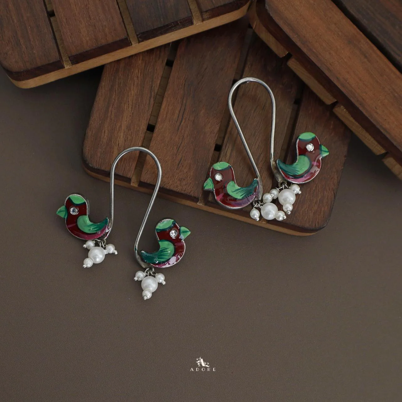 Antique Curvy Meenakari Bonsy Bird Earring - Image 26