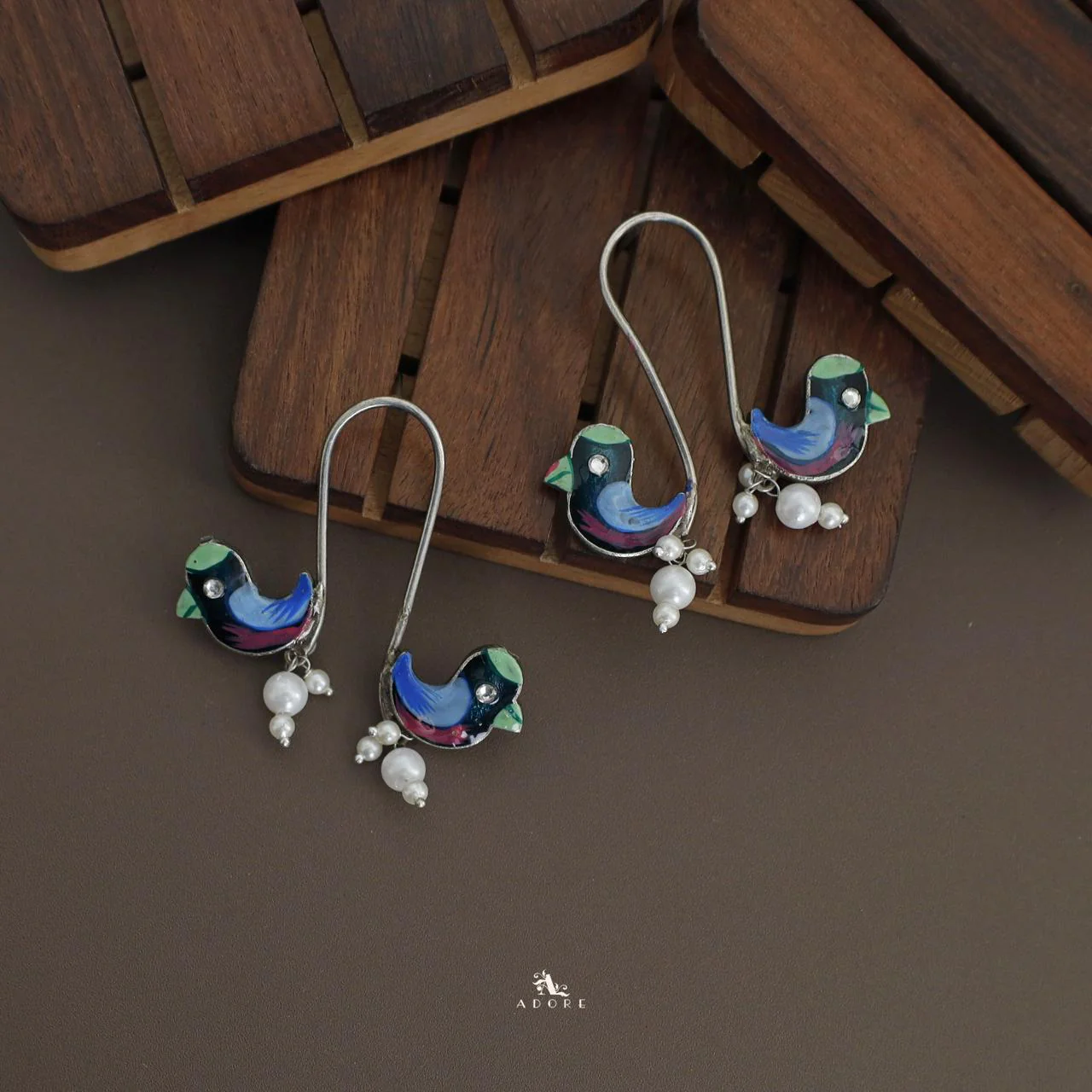 Antique Curvy Meenakari Bonsy Bird Earring - Image 27