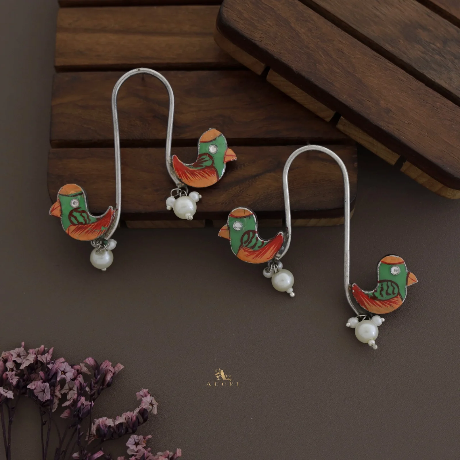 Antique Curvy Meenakari Bonsy Bird Earring - Image 28
