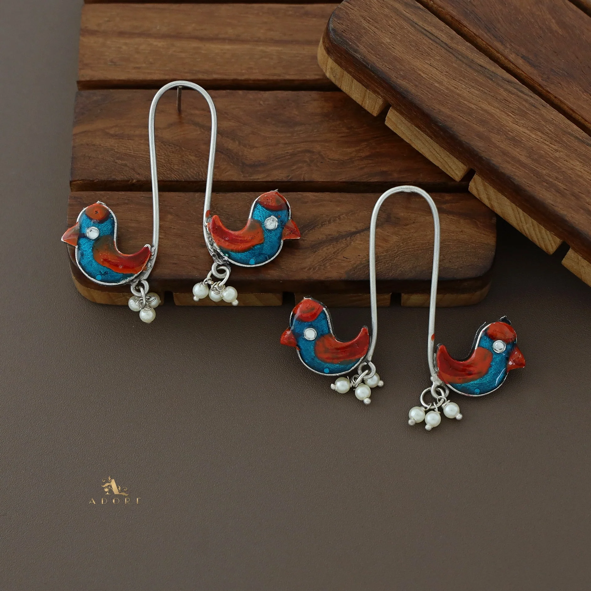 Antique Curvy Meenakari Bonsy Bird Earring - Image 29