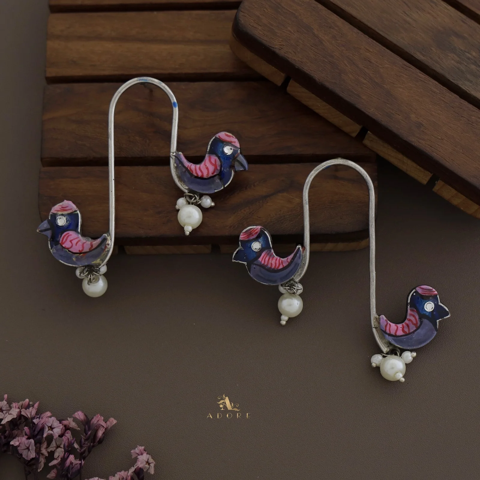 Antique Curvy Meenakari Bonsy Bird Earring - Image 3