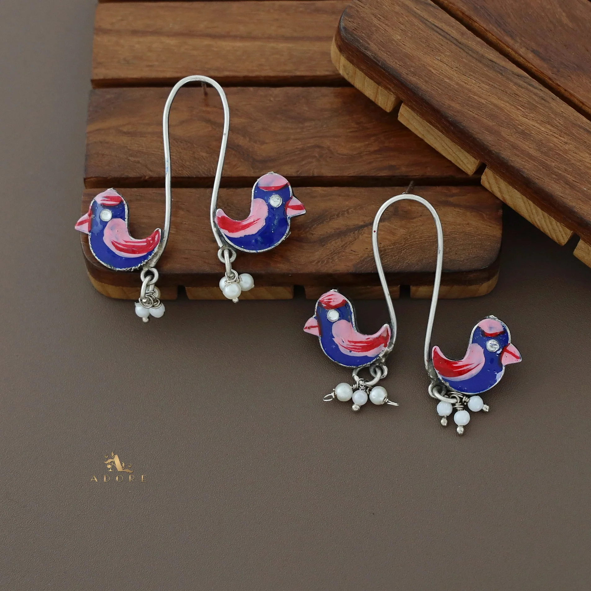Antique Curvy Meenakari Bonsy Bird Earring - Image 30