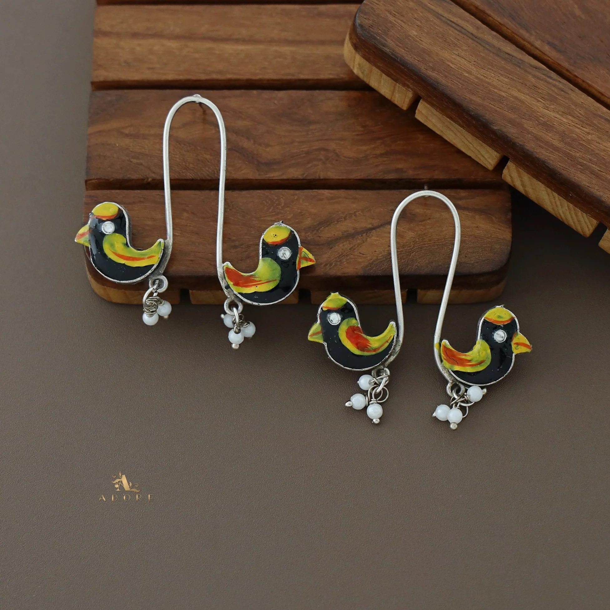 Antique Curvy Meenakari Bonsy Bird Earring - Image 33