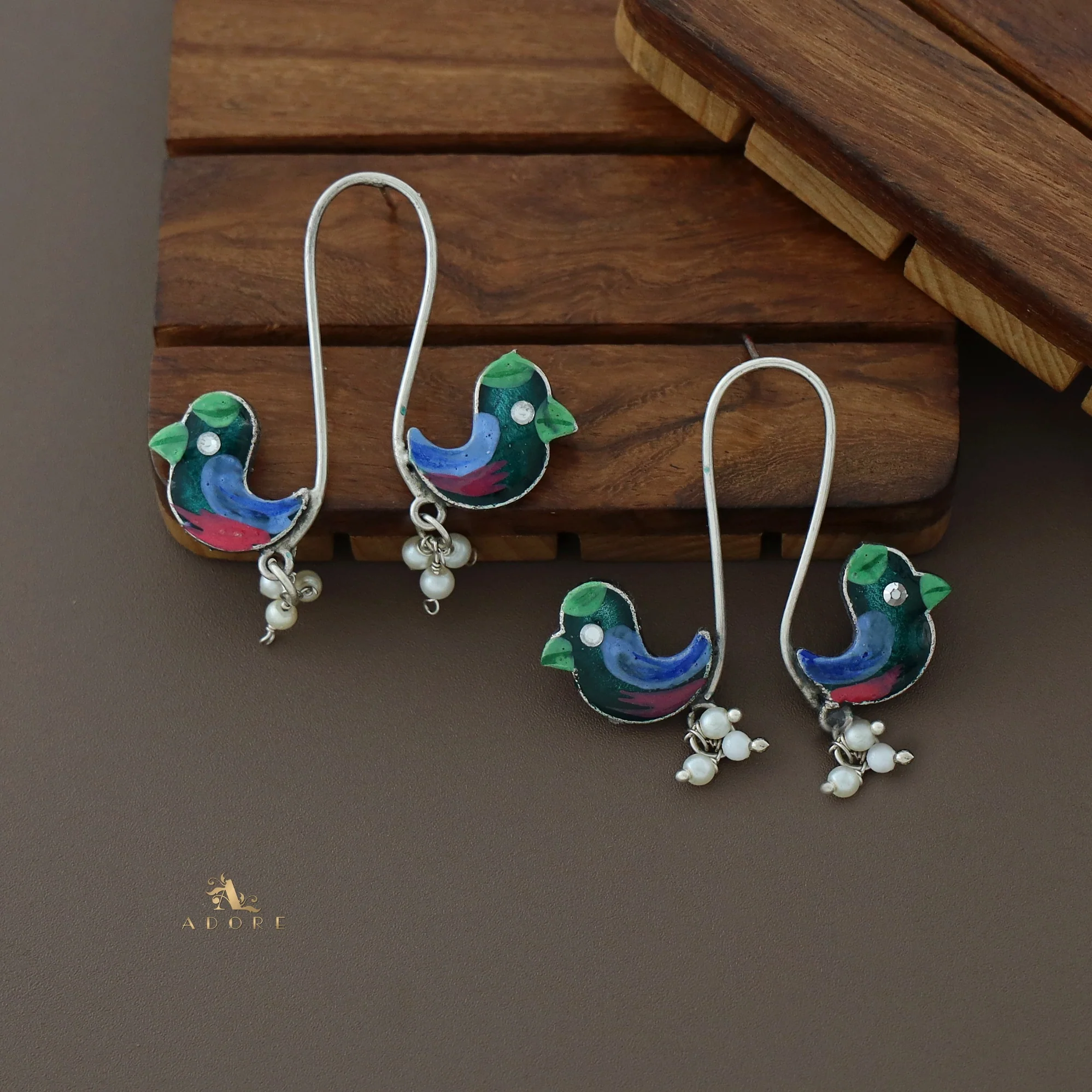 Antique Curvy Meenakari Bonsy Bird Earring - Image 34