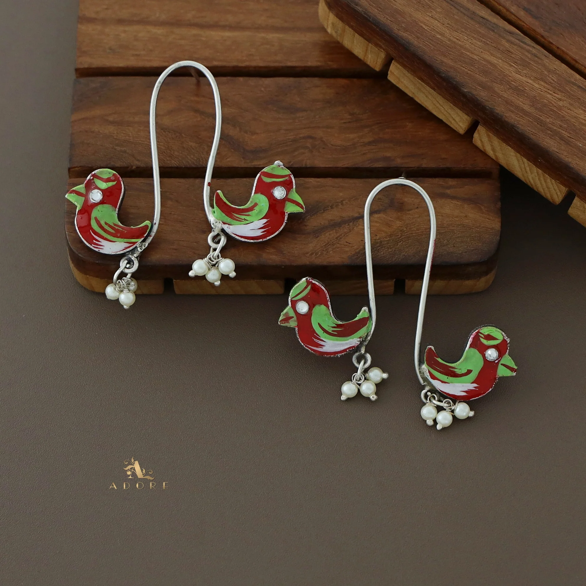 Antique Curvy Meenakari Bonsy Bird Earring - Image 35