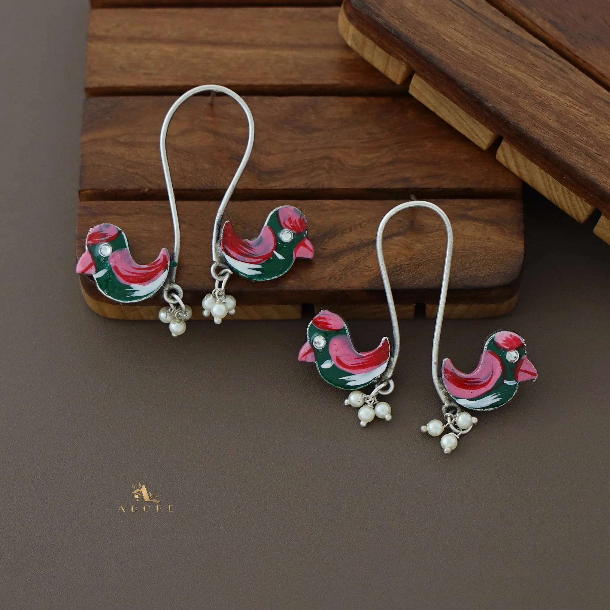 Antique Curvy Meenakari Bonsy Bird Earring - Image 36