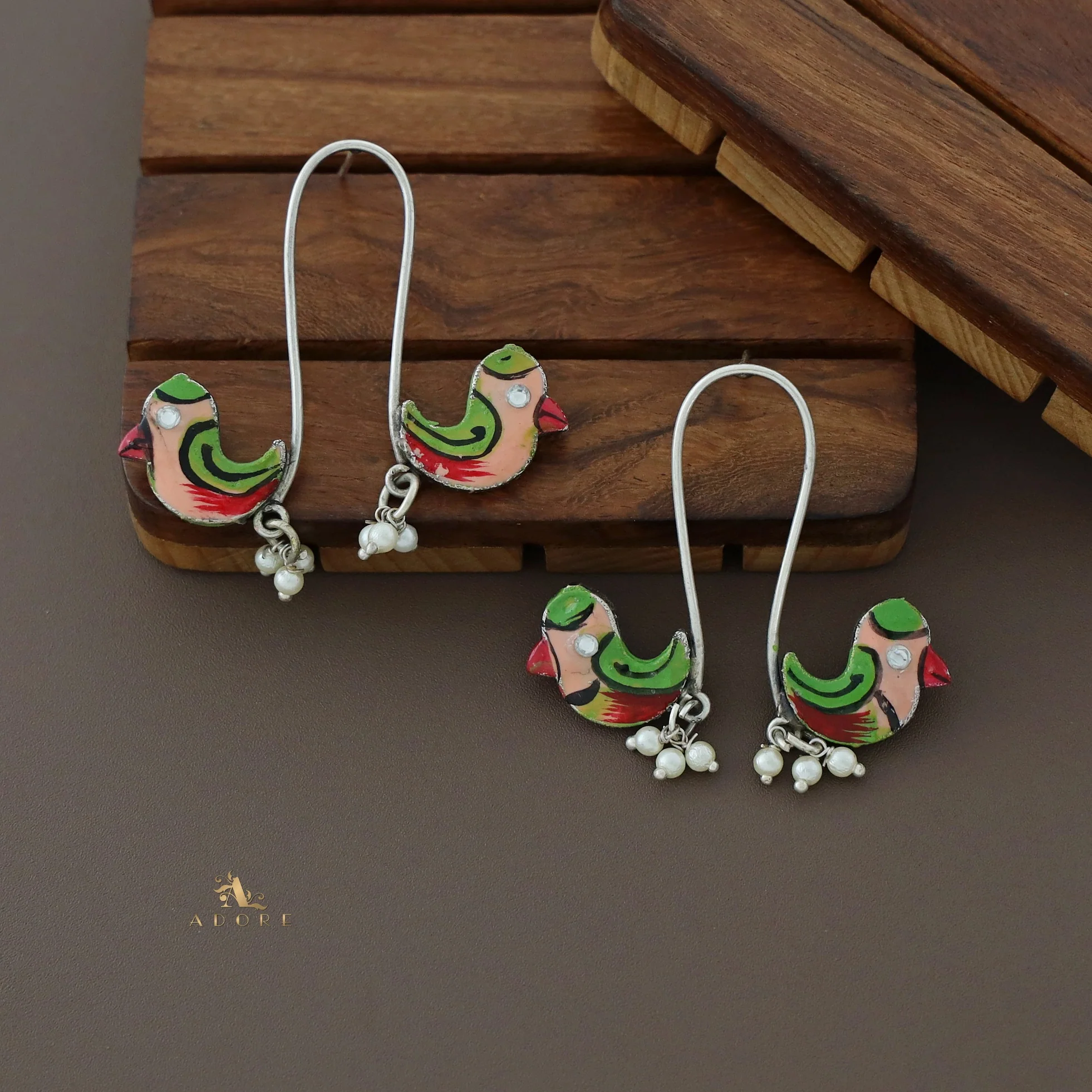 Antique Curvy Meenakari Bonsy Bird Earring - Image 37