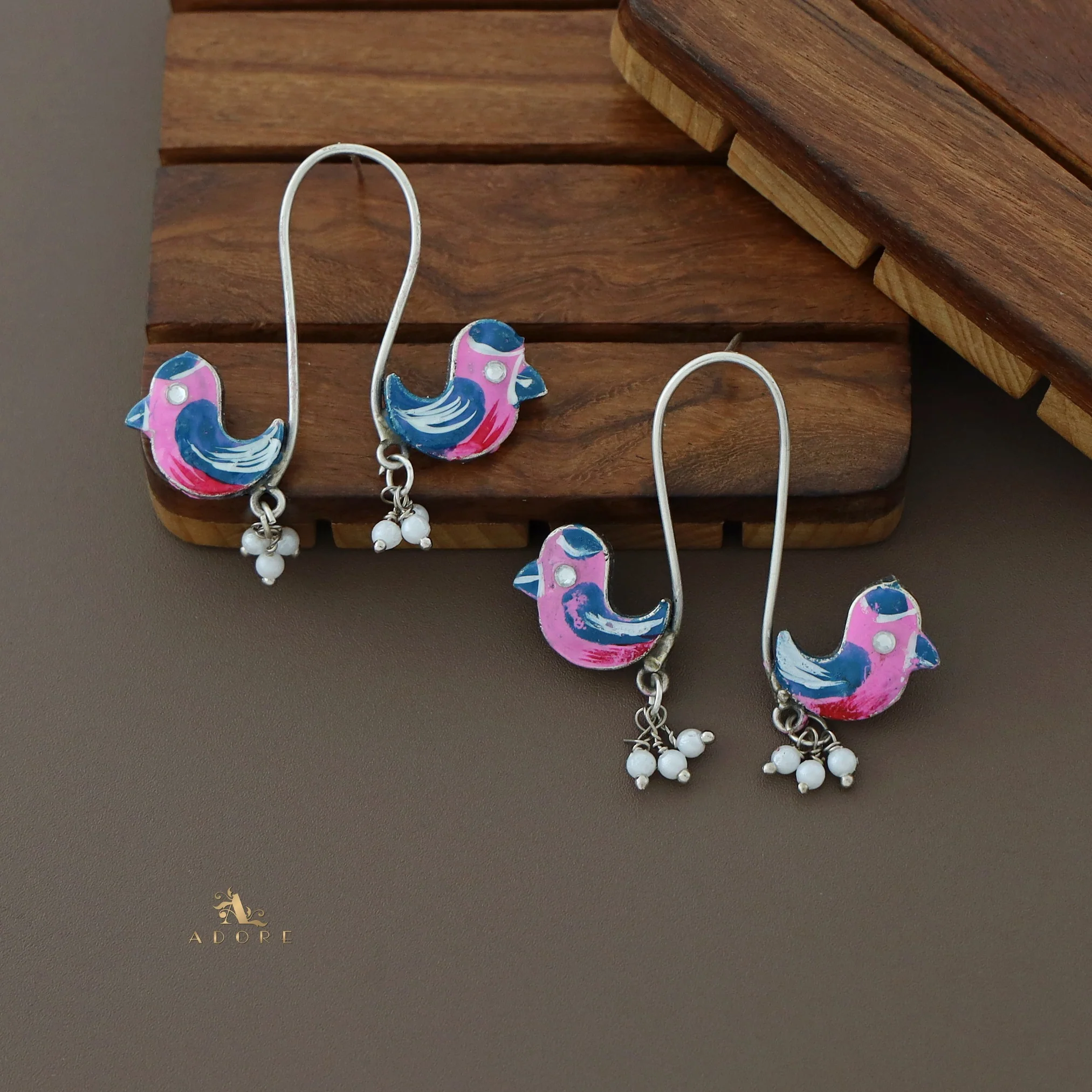 Antique Curvy Meenakari Bonsy Bird Earring - Image 4