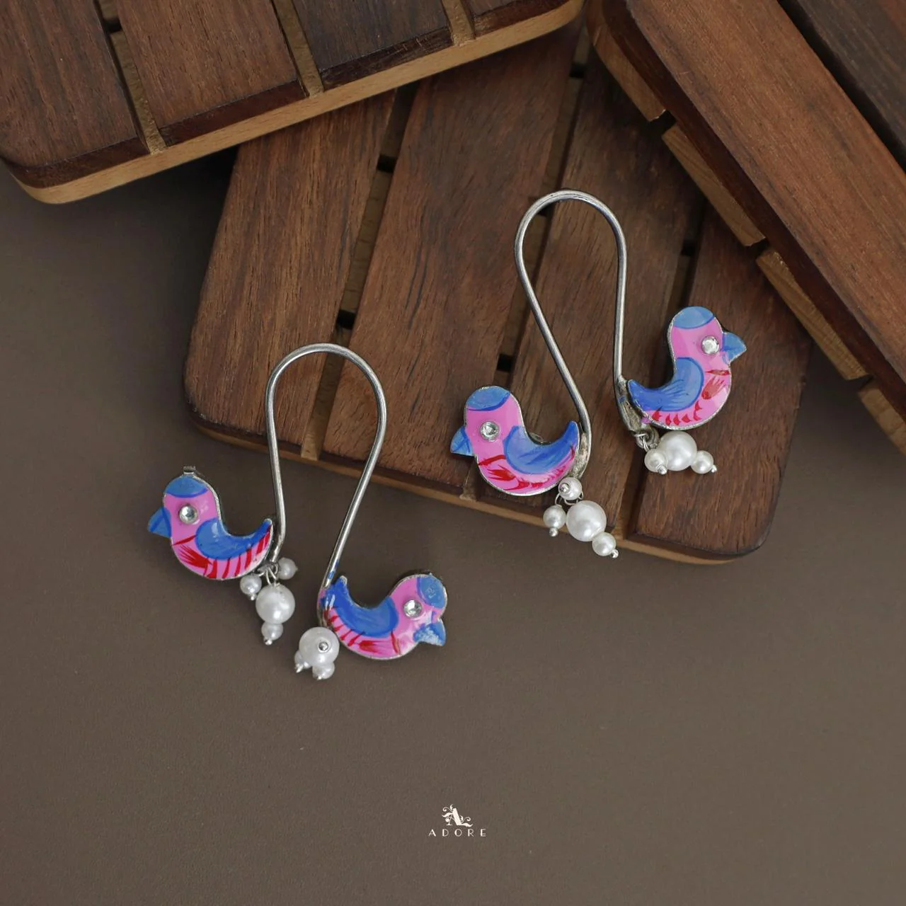 Antique Curvy Meenakari Bonsy Bird Earring - Image 6