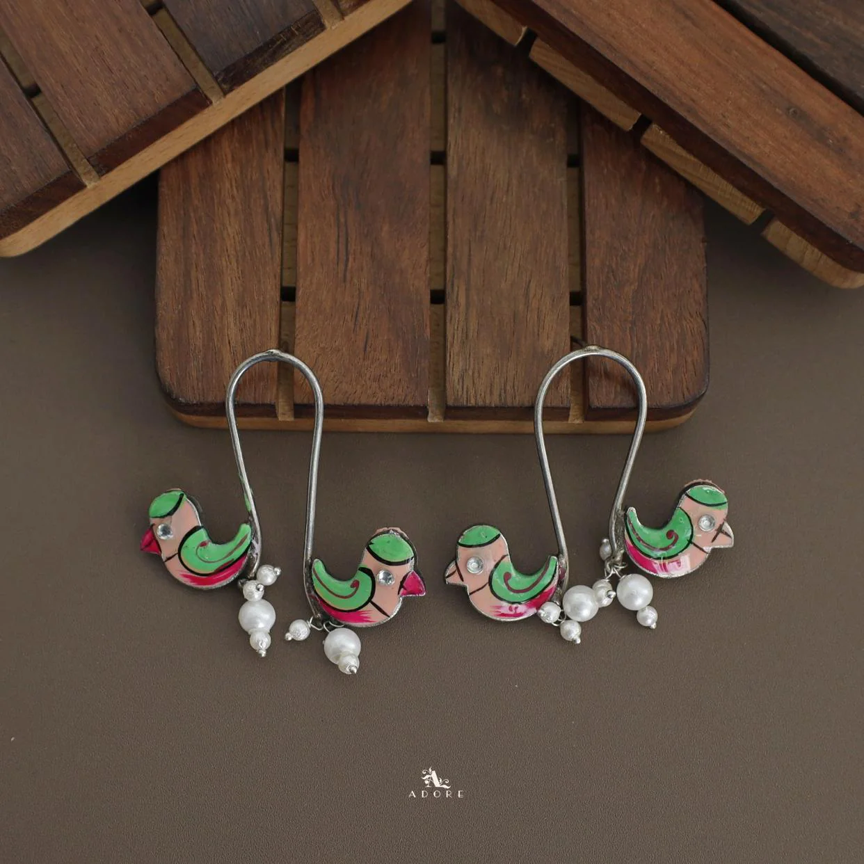 Antique Curvy Meenakari Bonsy Bird Earring - Image 7