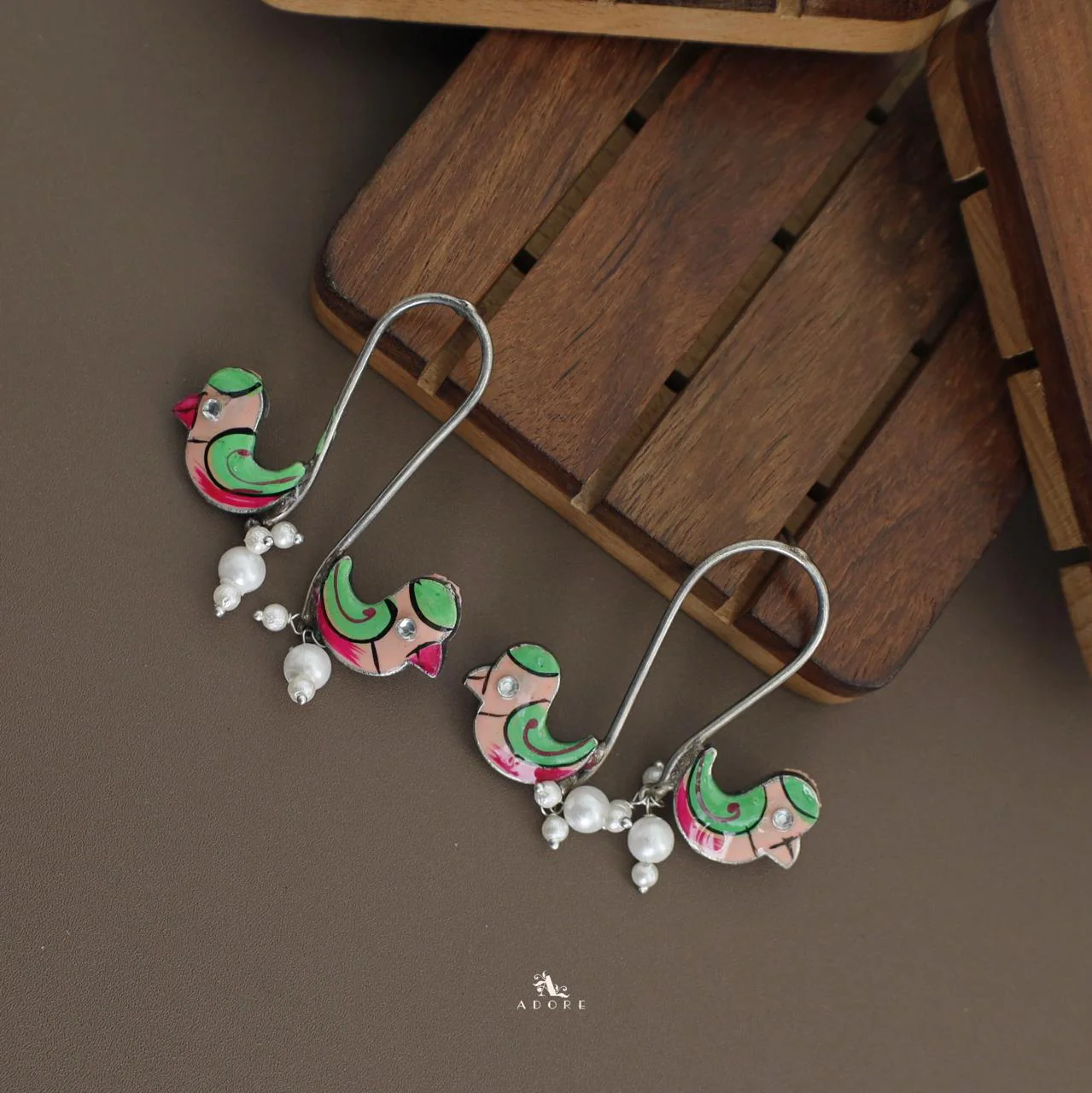 Antique Curvy Meenakari Bonsy Bird Earring - Image 8