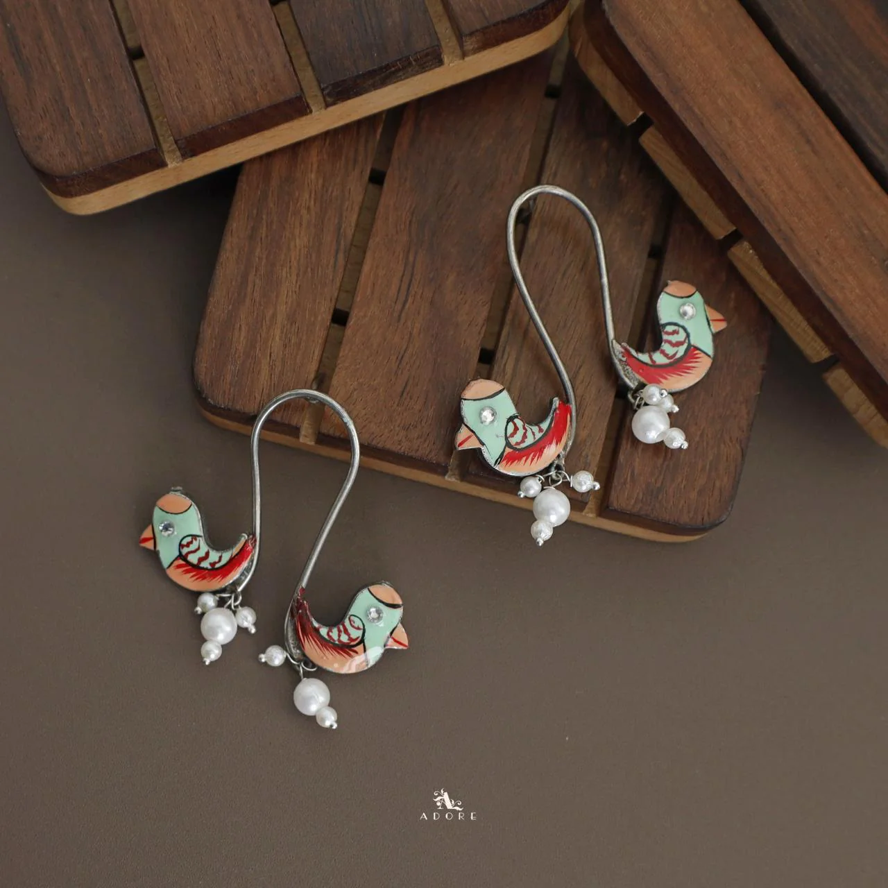 Antique Curvy Meenakari Bonsy Bird Earring - Image 9