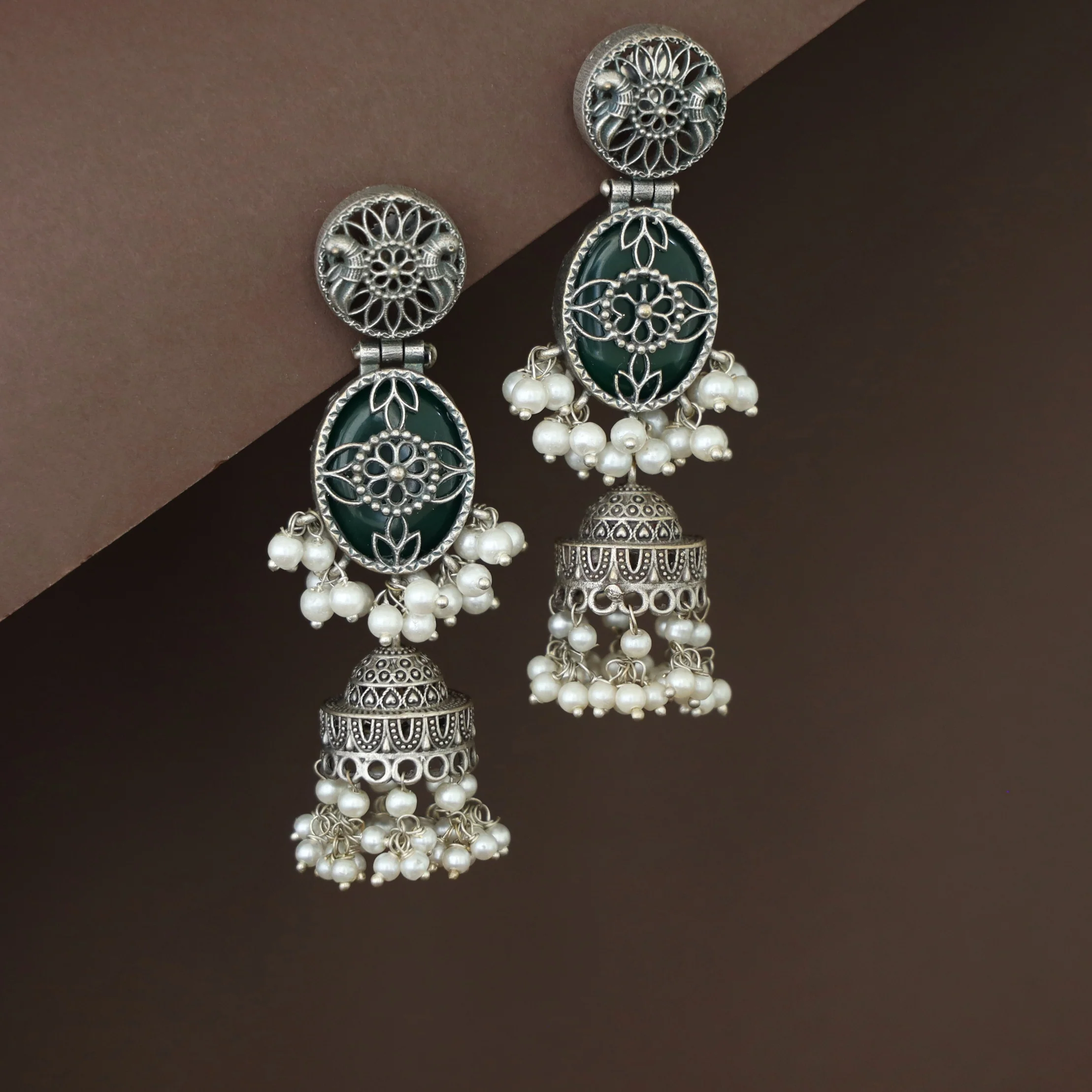 Antique Flower Oval Cluster Pearl Jhumka - Image 2