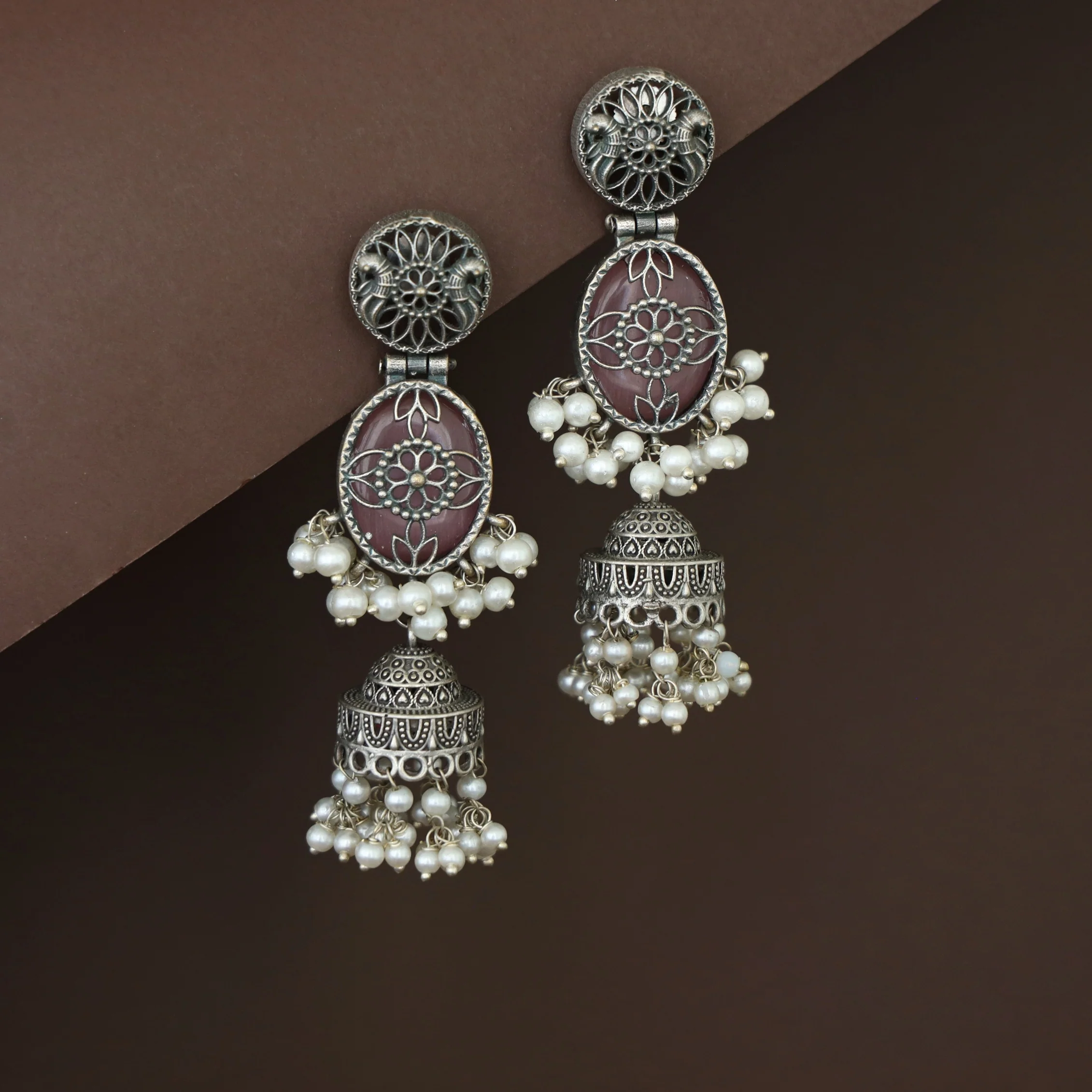Antique Flower Oval Cluster Pearl Jhumka - Image 3