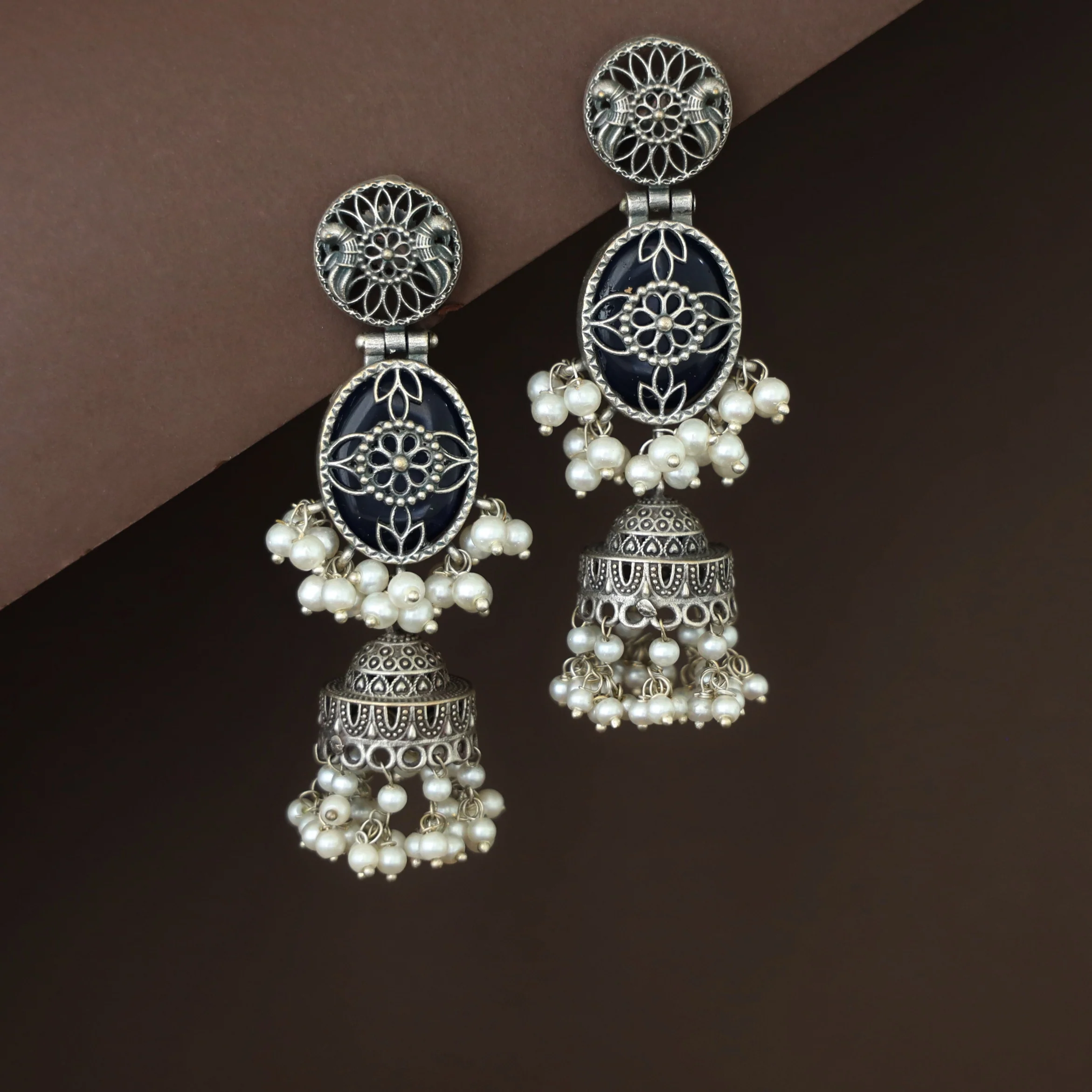Antique Flower Oval Cluster Pearl Jhumka - Image 4