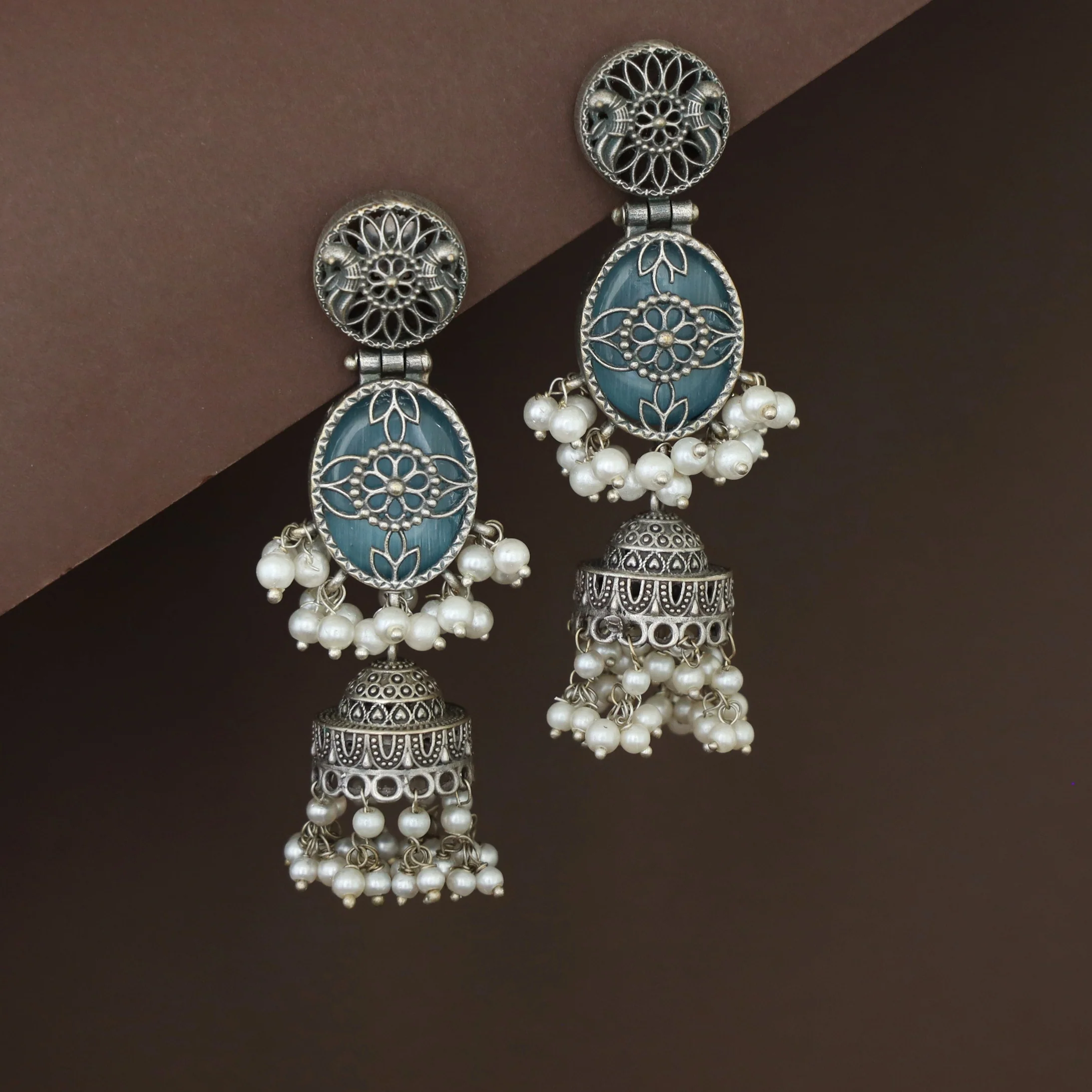 Antique Flower Oval Cluster Pearl Jhumka - Image 5