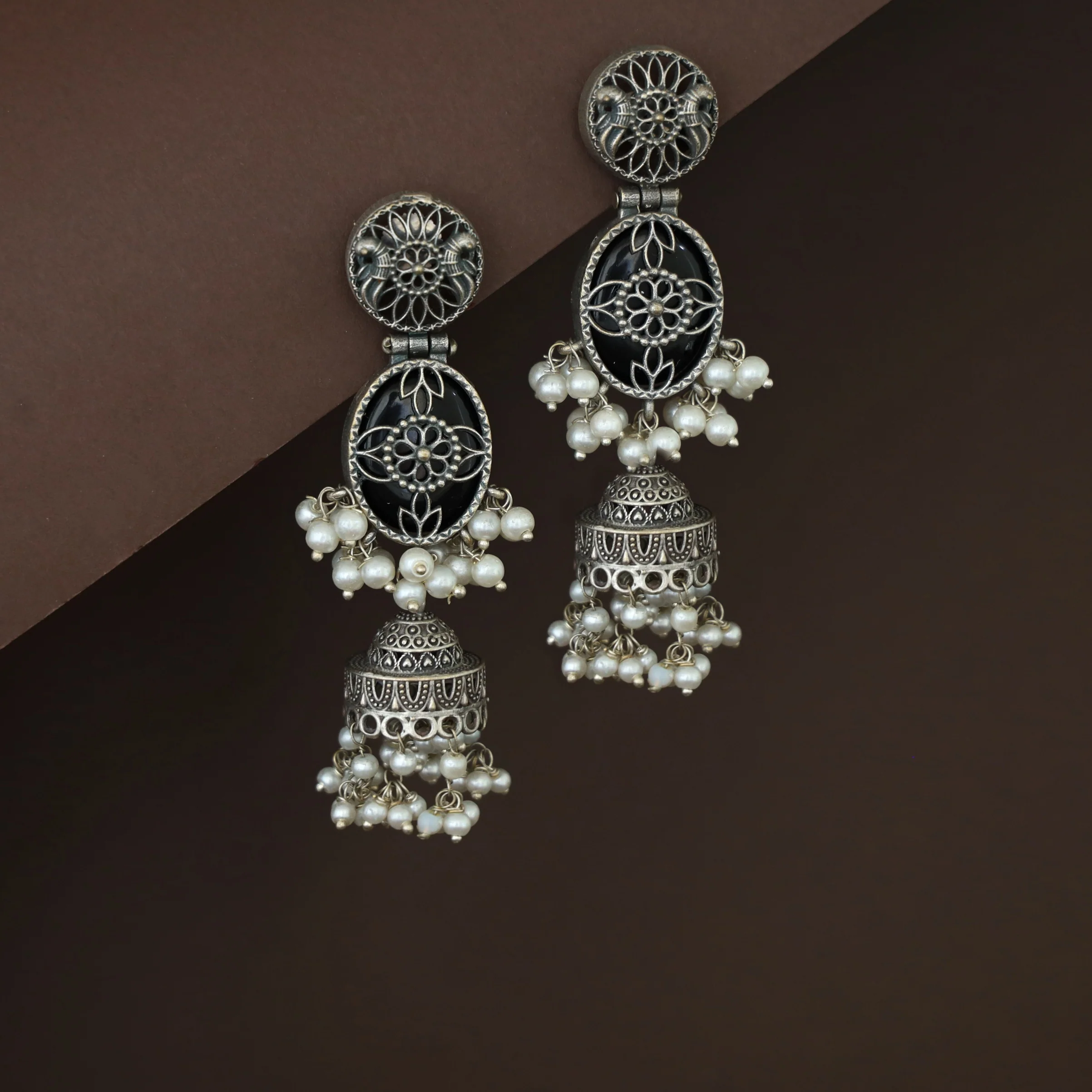 Antique Flower Oval Cluster Pearl Jhumka - Image 6