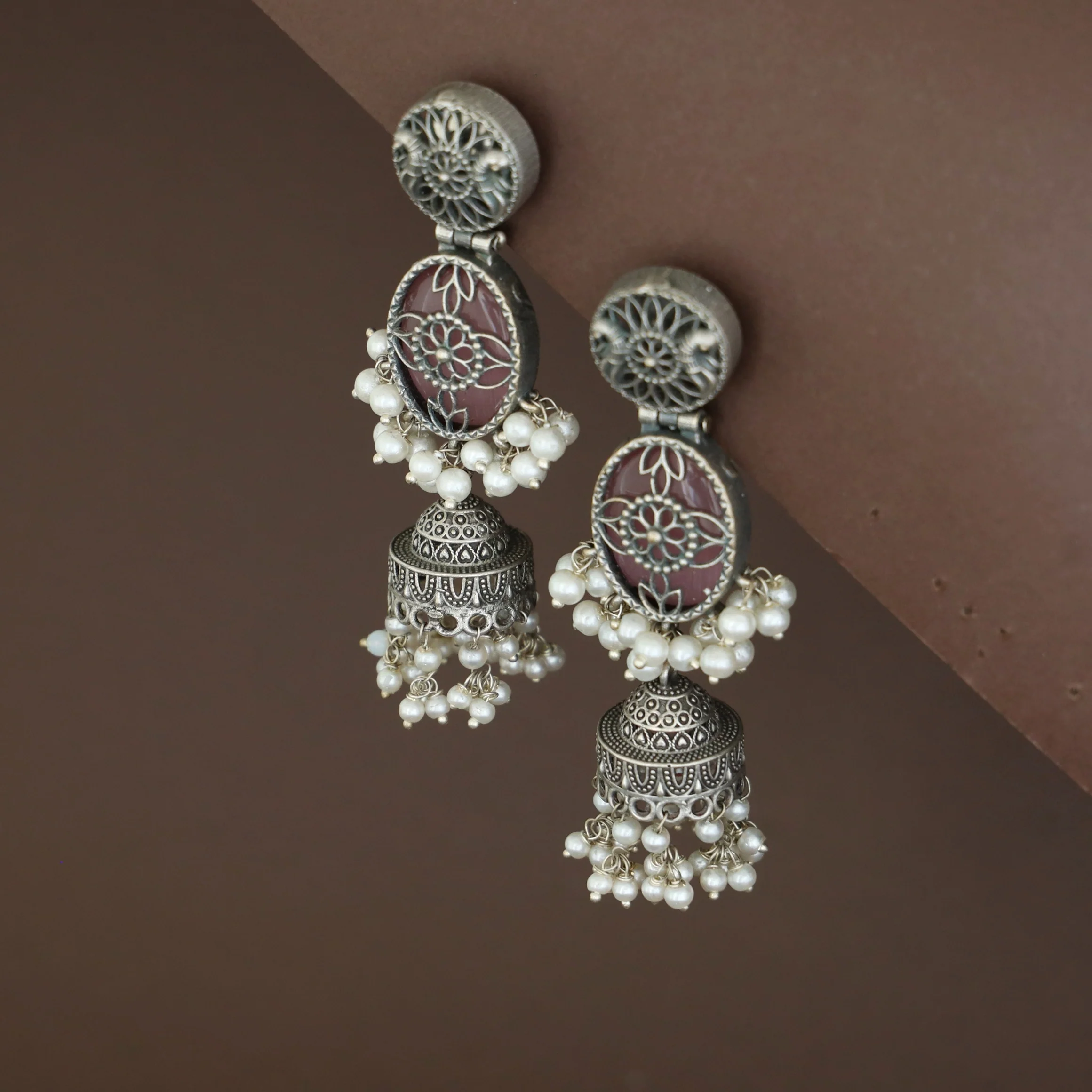 Antique Flower Oval Cluster Pearl Jhumka - Image 7