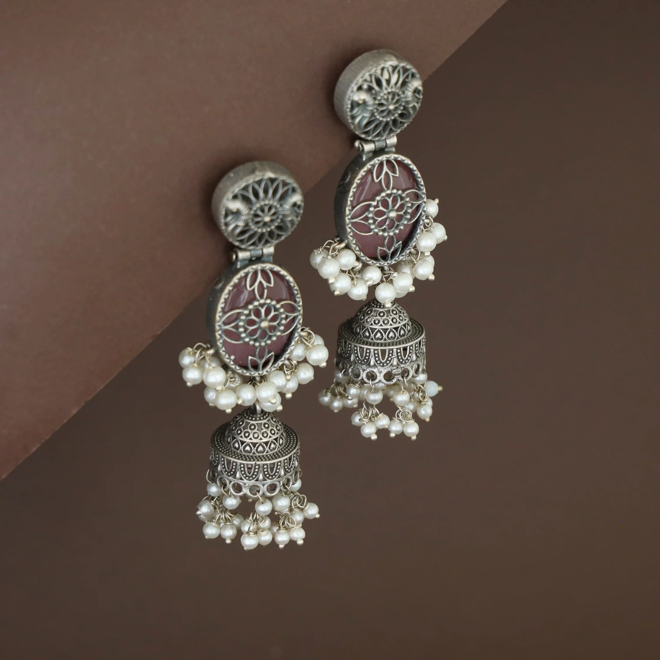 Antique Flower Oval Cluster Pearl Jhumka - Image 9
