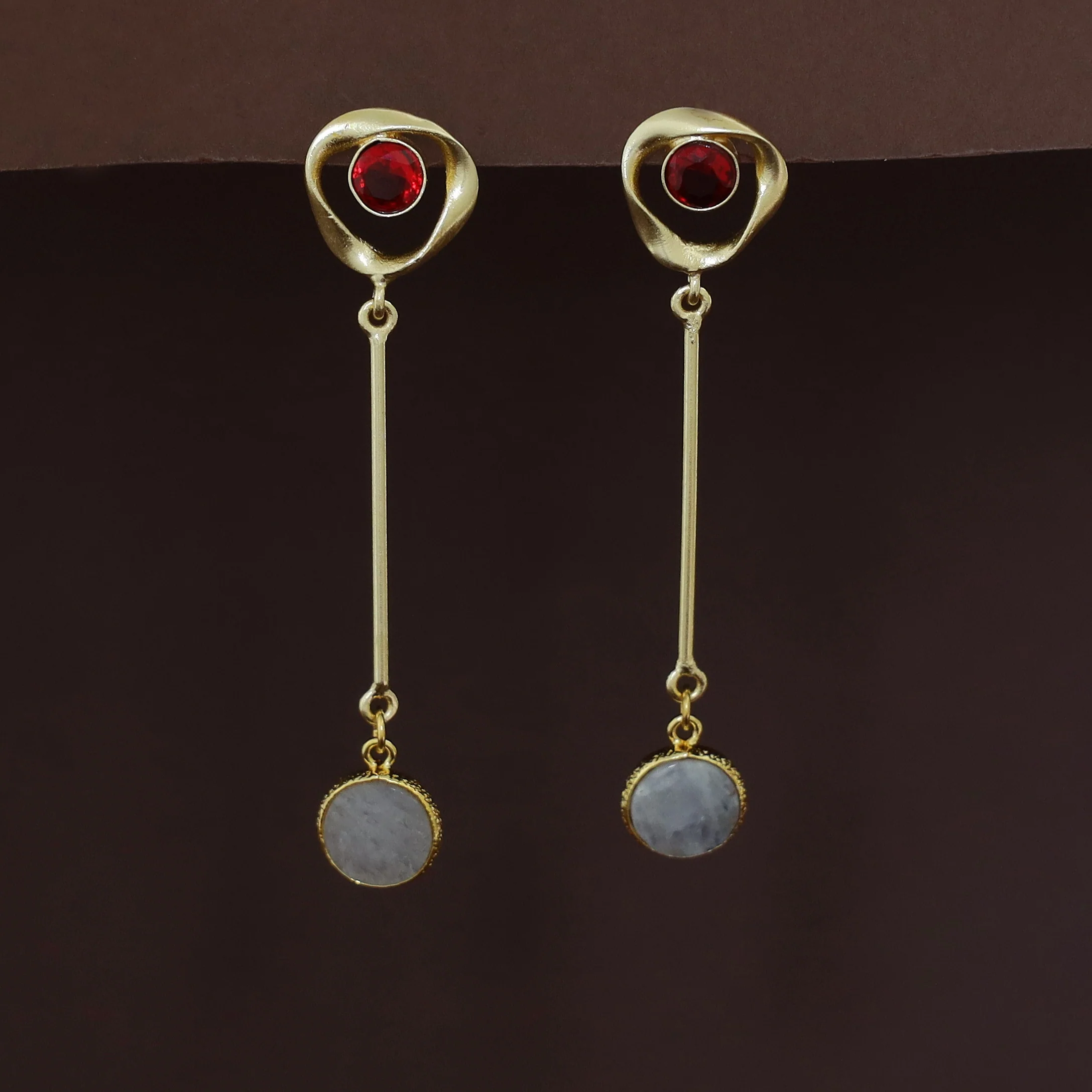 Antoinette Golden Pendulum Natural + Glossy Stone Earring - Image 10