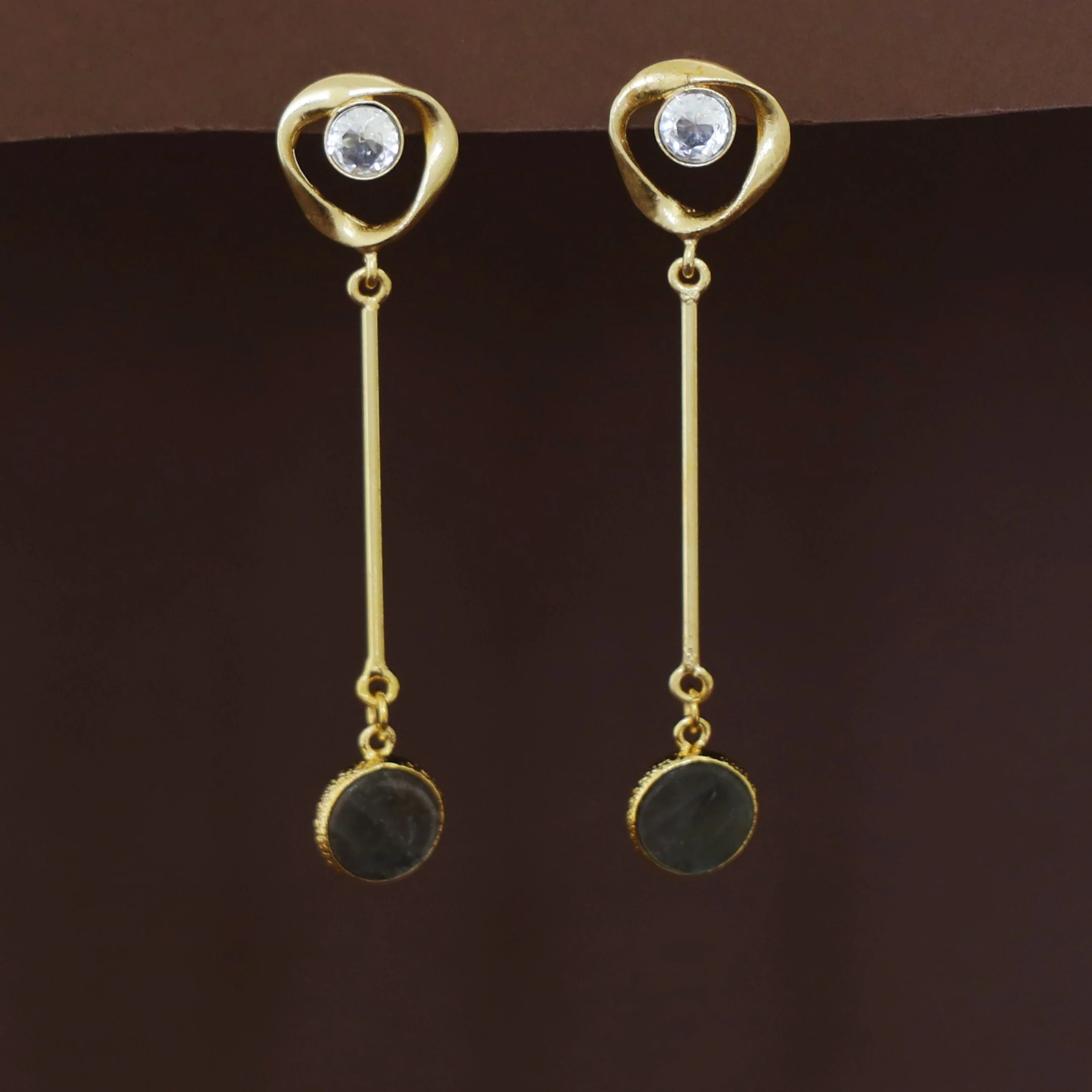 Antoinette Golden Pendulum Natural + Glossy Stone Earring - Image 11