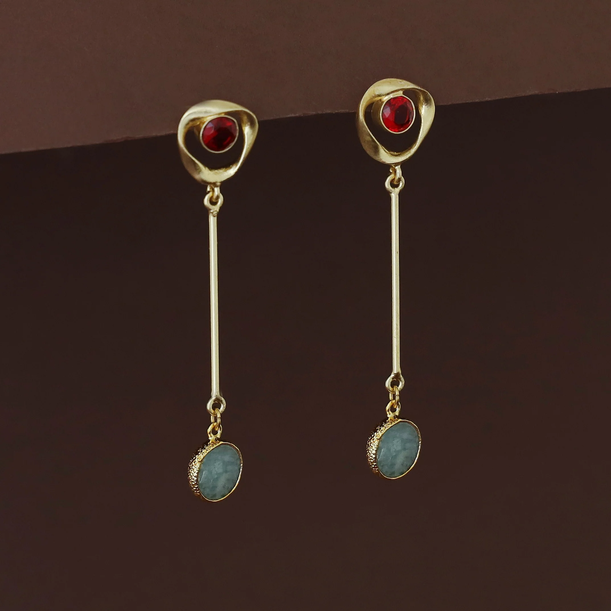 Antoinette Golden Pendulum Natural + Glossy Stone Earring - Image 12