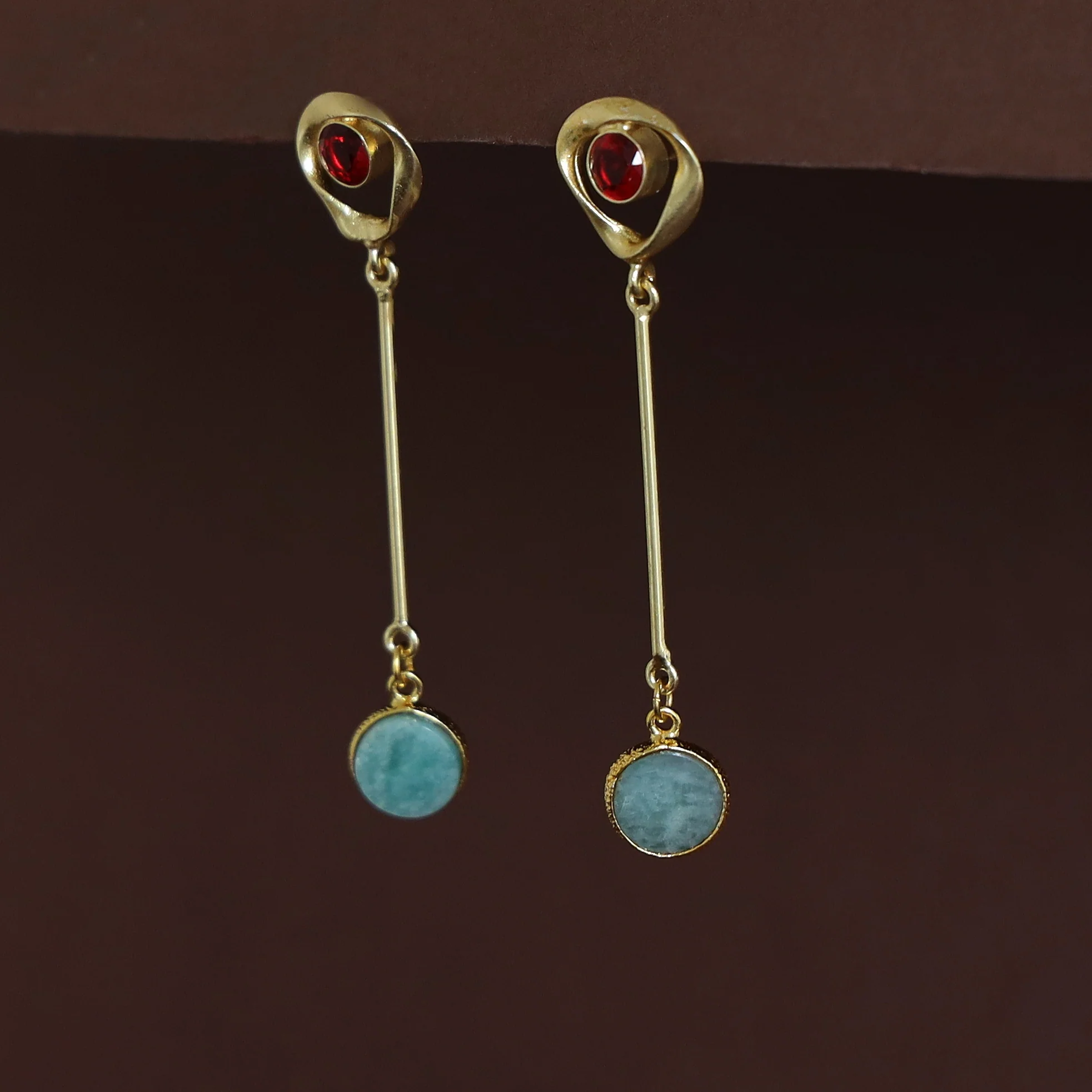 Antoinette Golden Pendulum Natural + Glossy Stone Earring - Image 13
