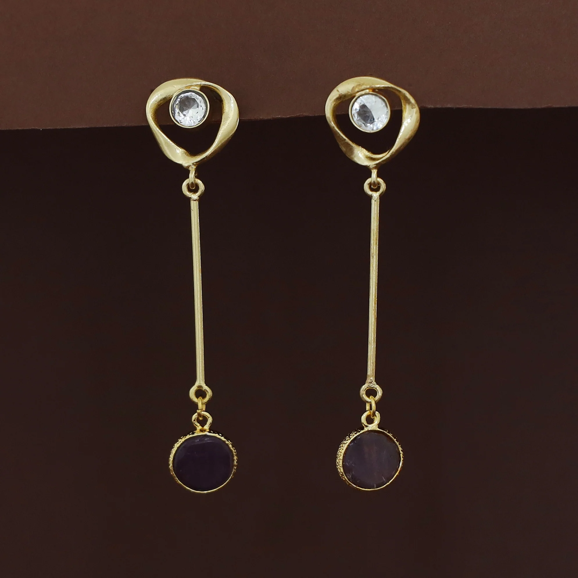 Antoinette Golden Pendulum Natural + Glossy Stone Earring - Image 2