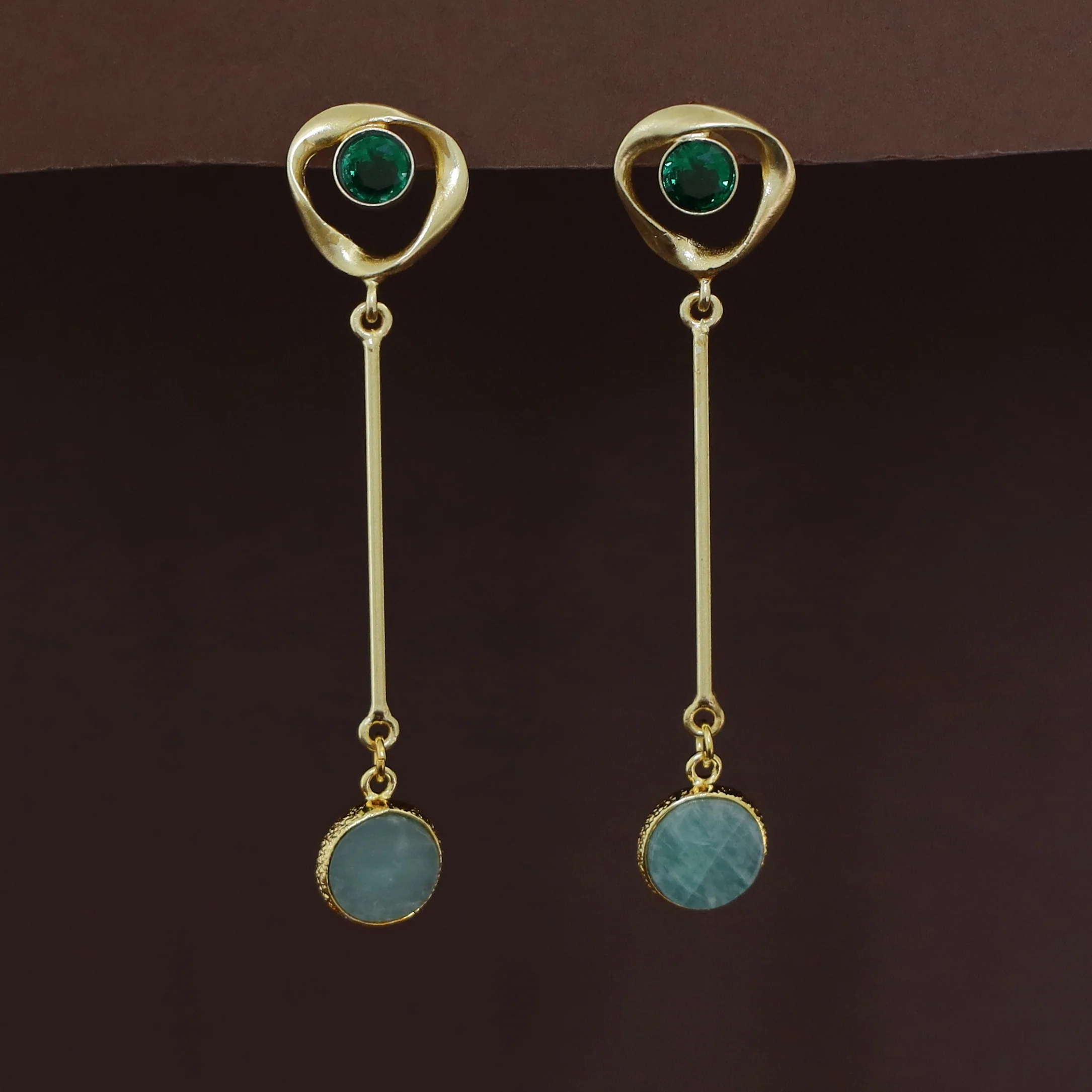 Antoinette Golden Pendulum Natural + Glossy Stone Earring - Image 3