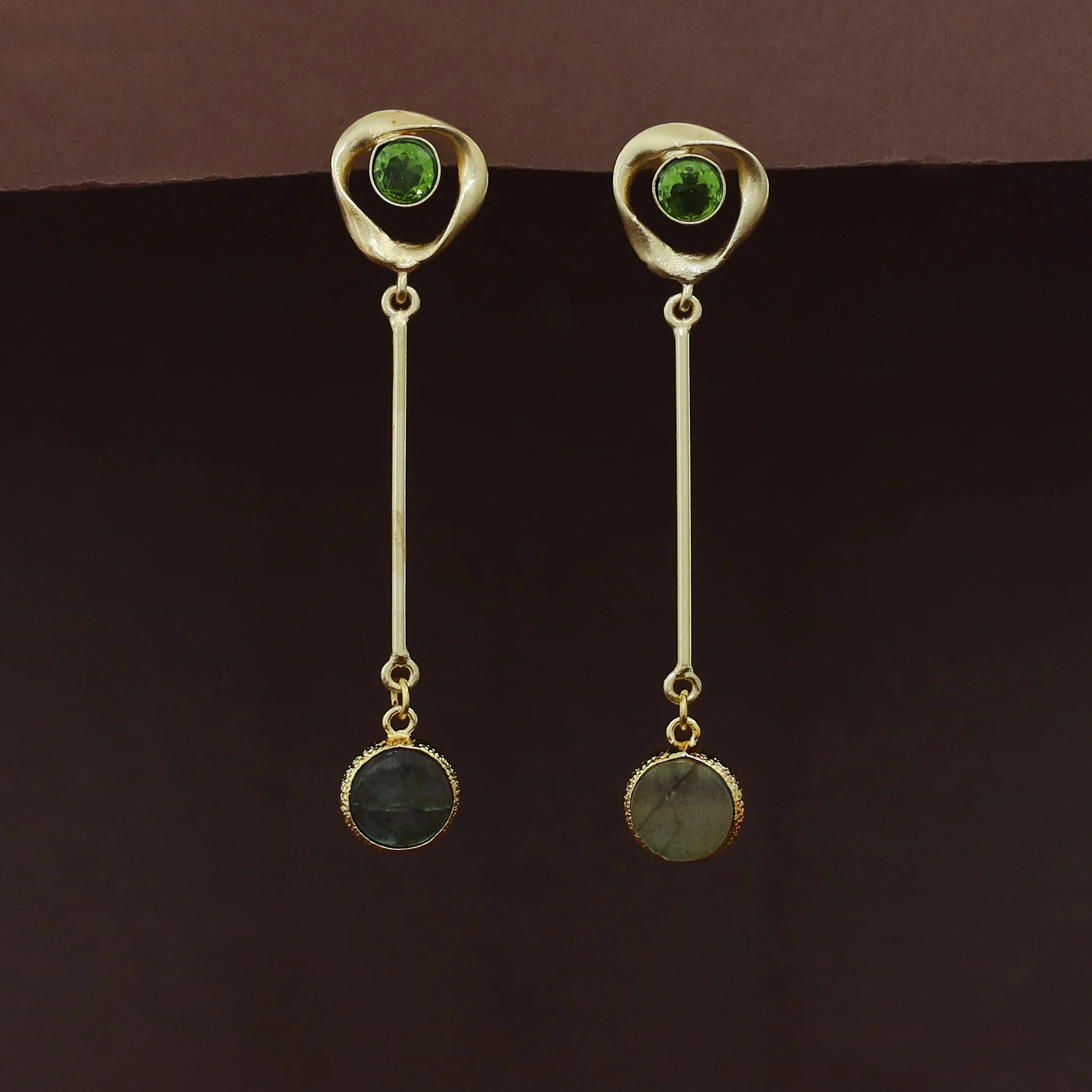 Antoinette Golden Pendulum Natural + Glossy Stone Earring - Image 4