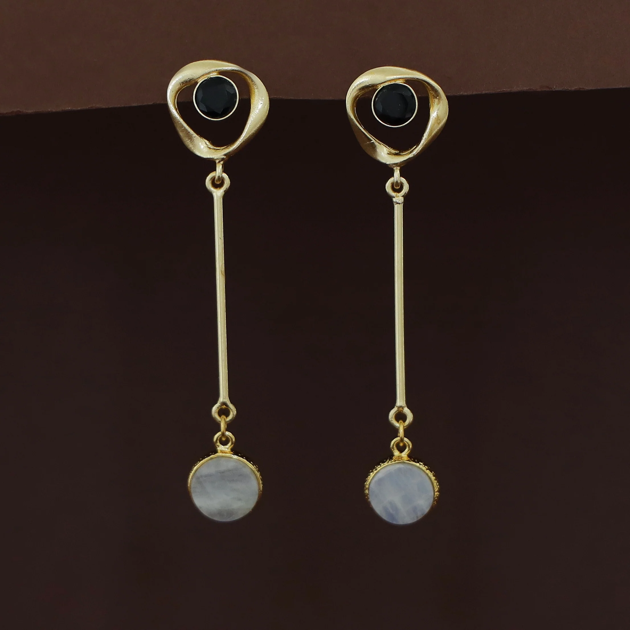 Antoinette Golden Pendulum Natural + Glossy Stone Earring - Image 5