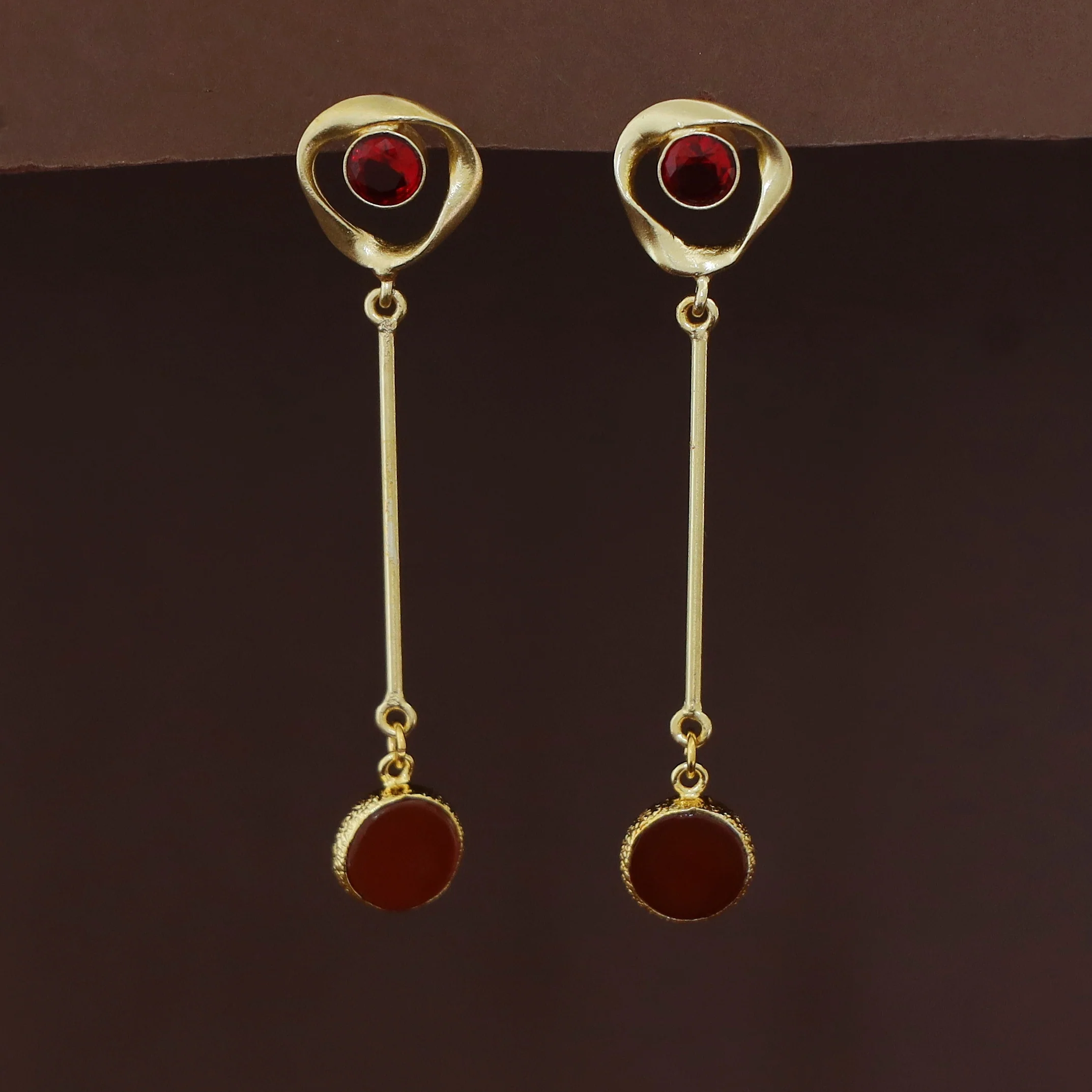 Antoinette Golden Pendulum Natural + Glossy Stone Earring - Image 6