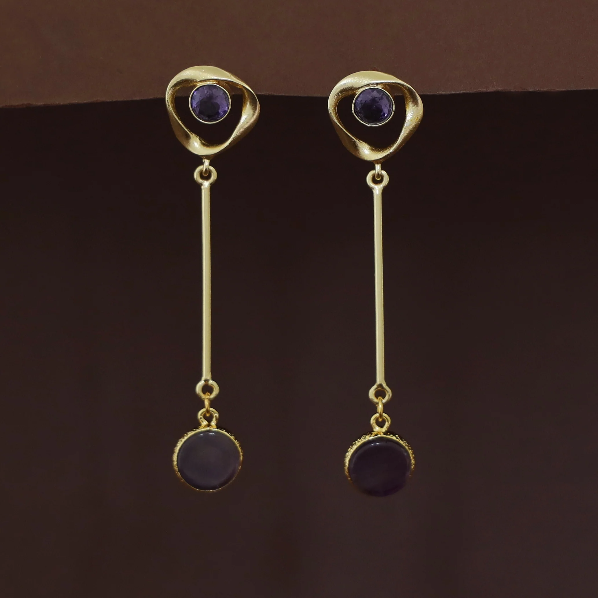 Antoinette Golden Pendulum Natural + Glossy Stone Earring - Image 7