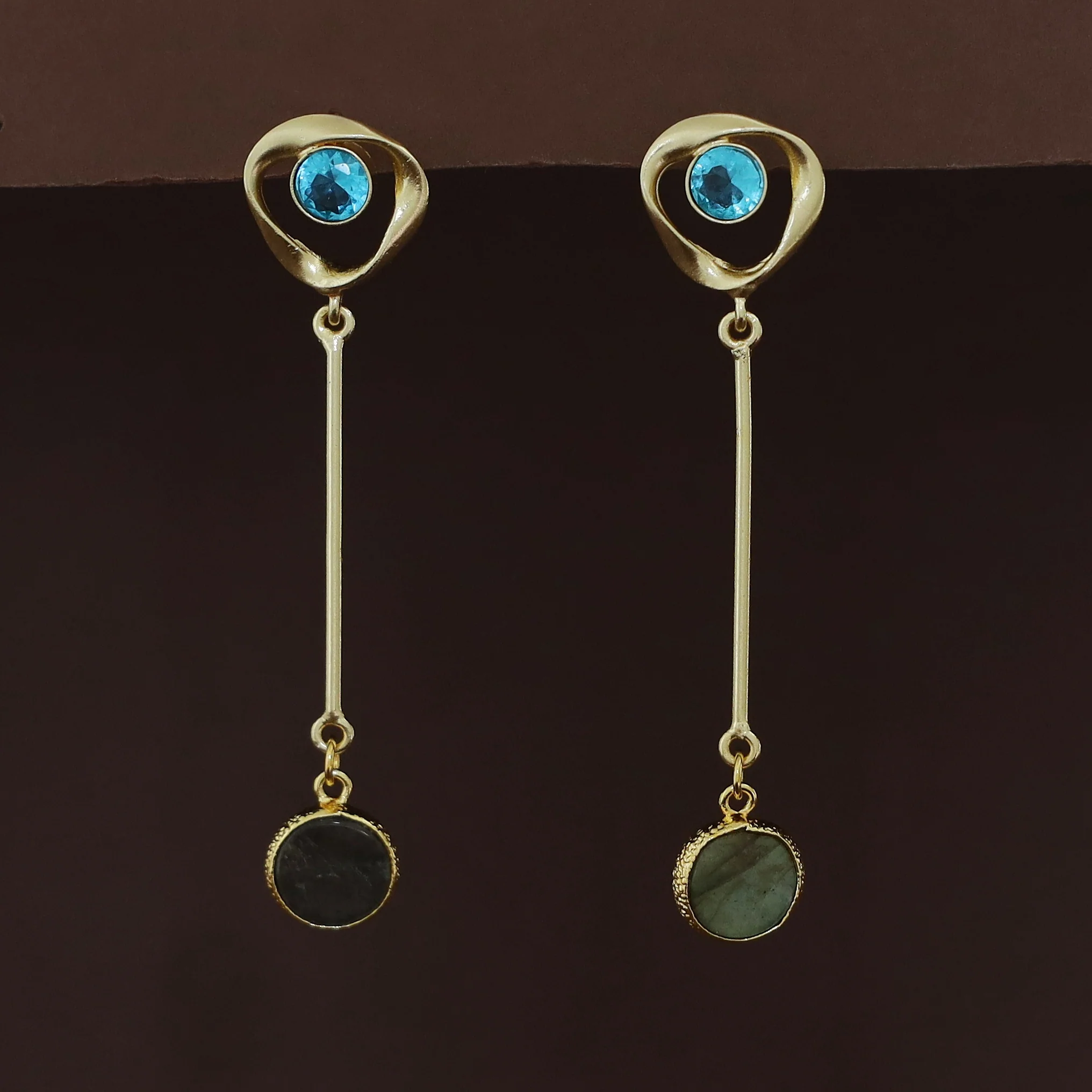 Antoinette Golden Pendulum Natural + Glossy Stone Earring - Image 8