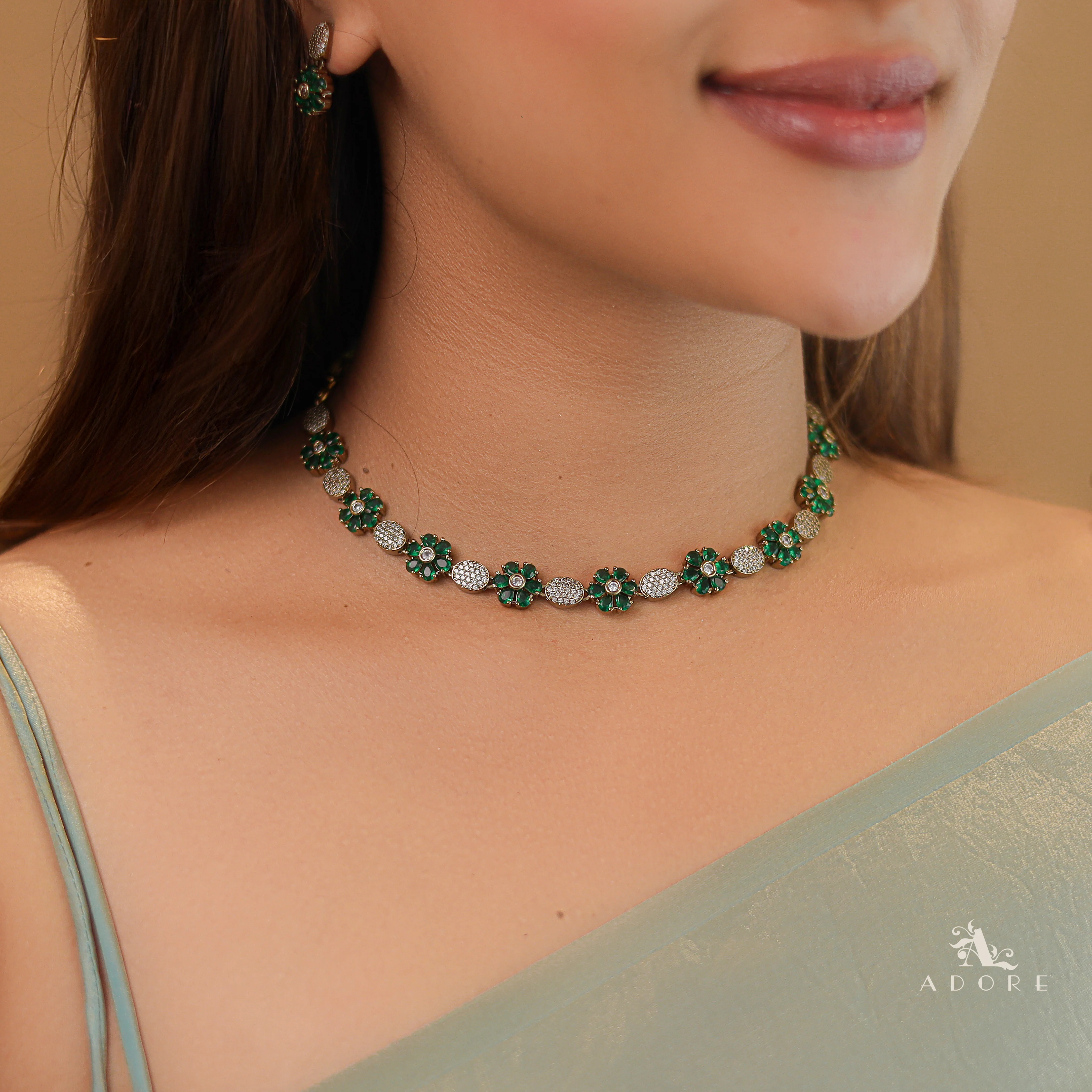 Anvika Floral AD Stone Short Neckpiece With Earring - Image 3