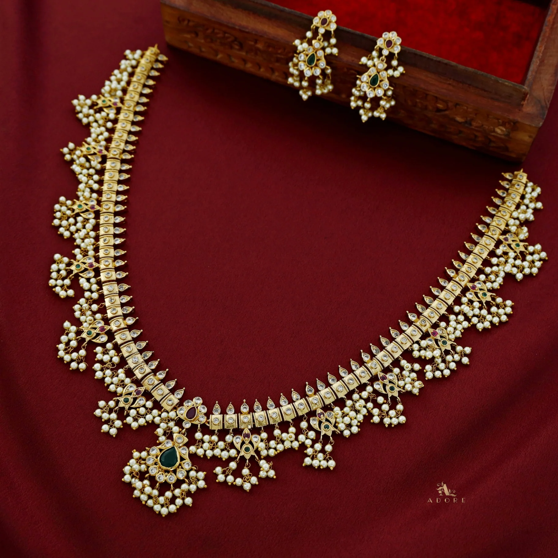 Premium Apsara Pearl Bridal Long Neckpiece With Earring - Image 4