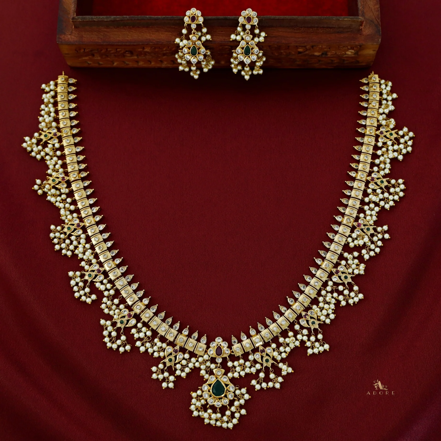 Premium Apsara Pearl Bridal Long Neckpiece With Earring - Image 5