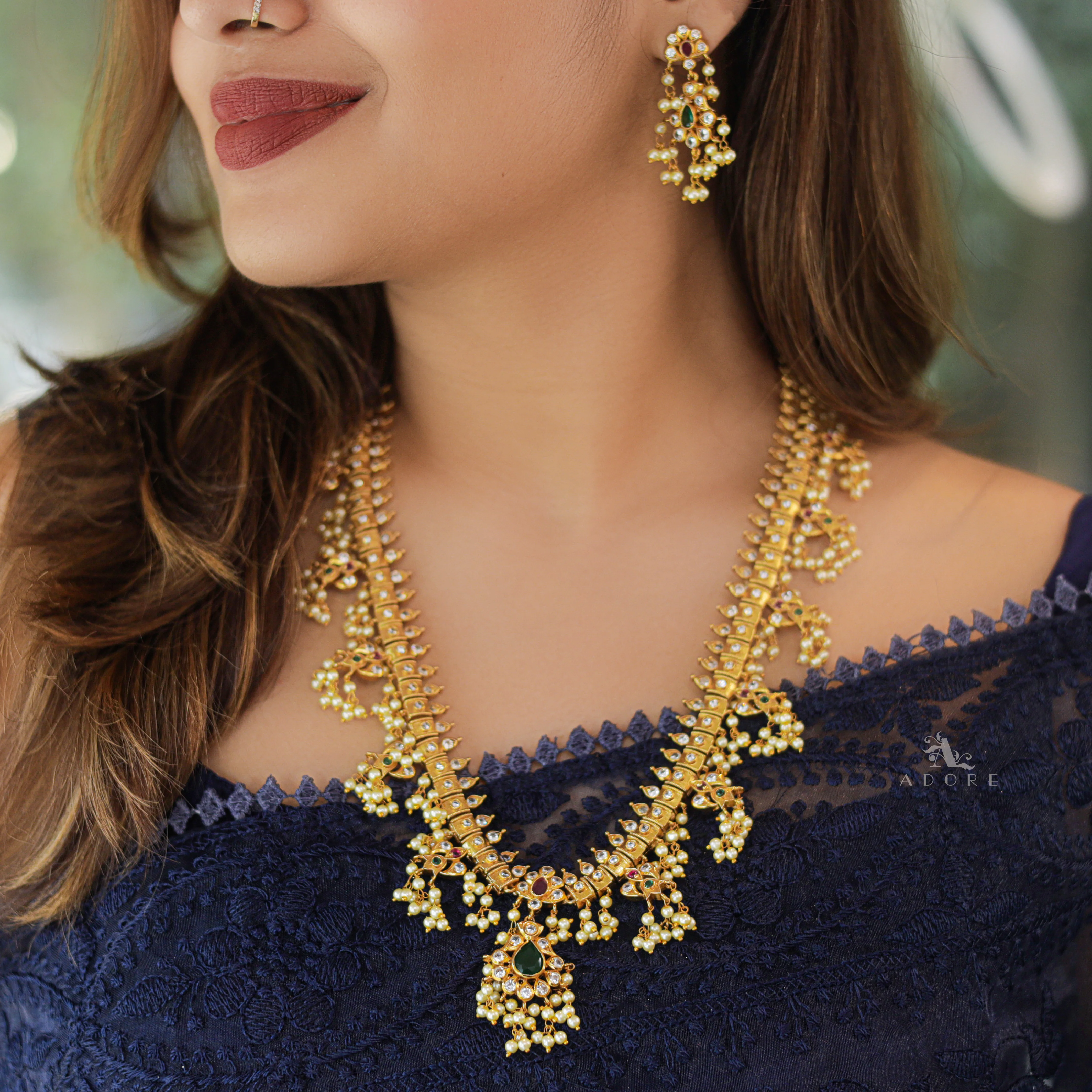 Premium Apsara Pearl Bridal Long Neckpiece With Earring - Image 7
