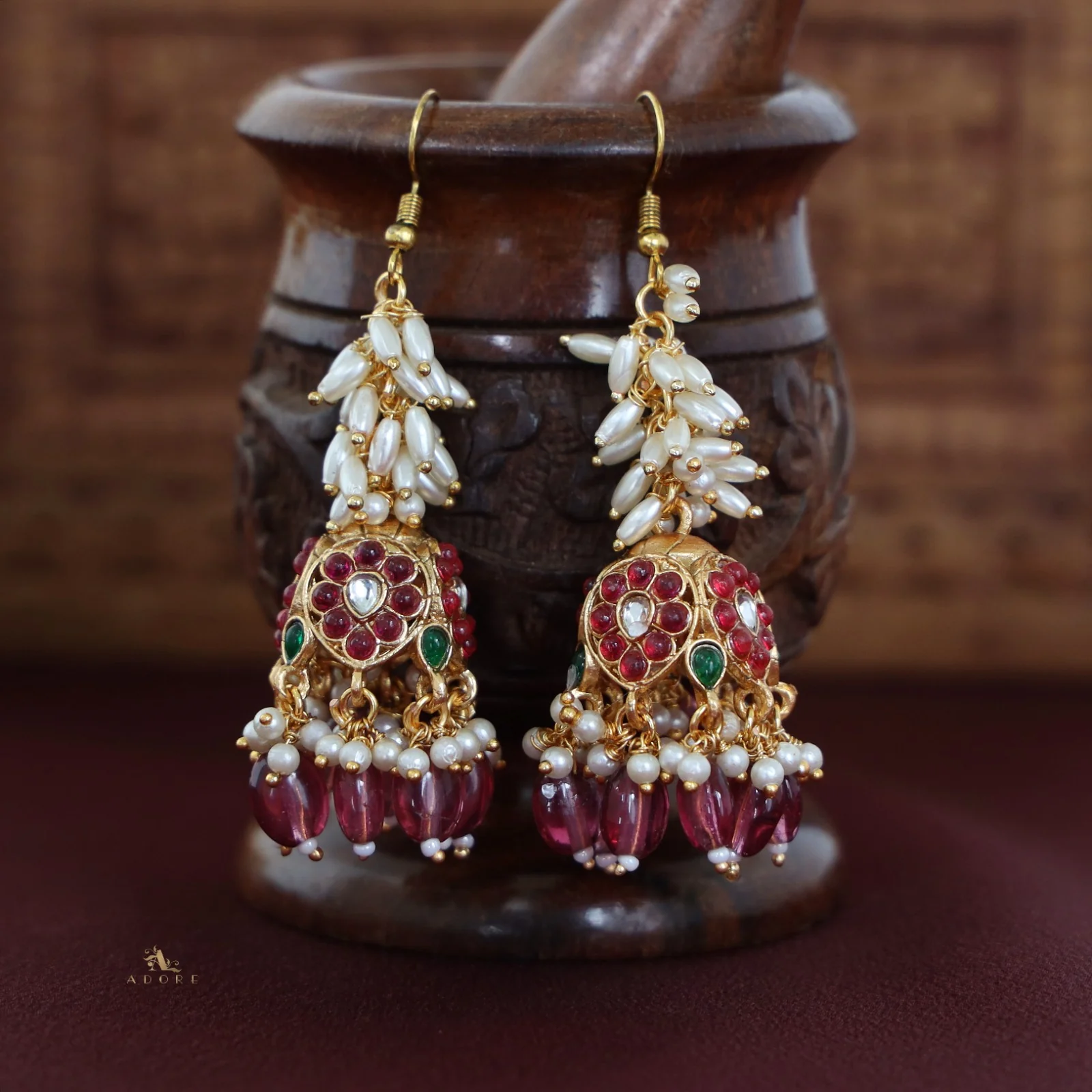 Archita Rice Pearl Drop Glossy Jhumka - Image 10