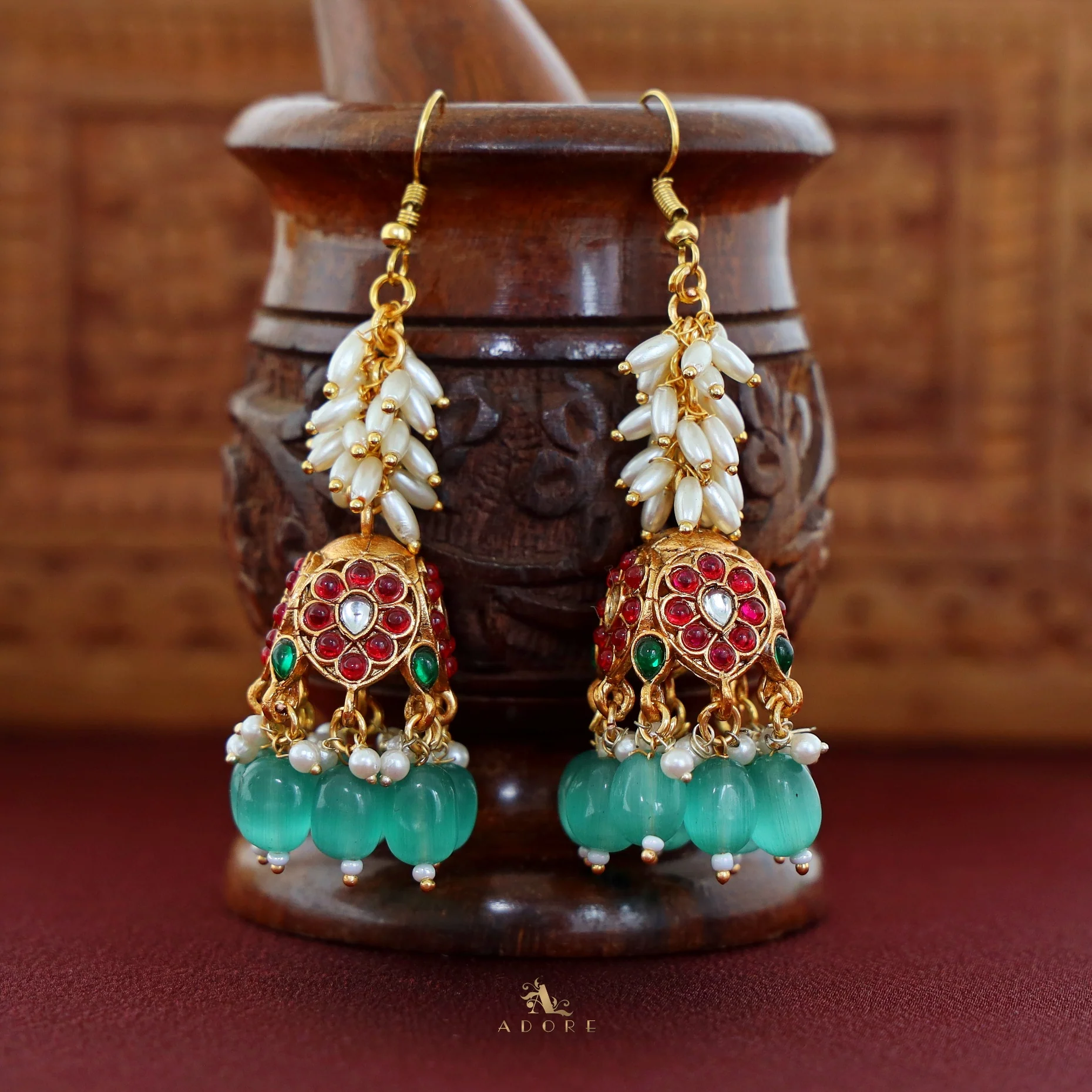 Archita Rice Pearl Drop Glossy Jhumka - Image 11