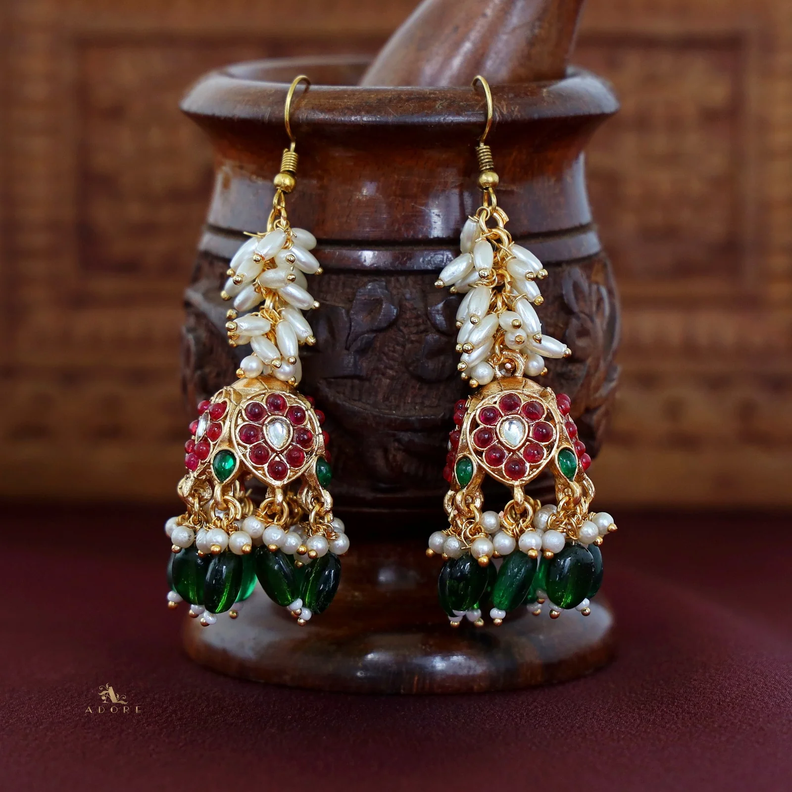 Archita Rice Pearl Drop Glossy Jhumka - Image 9