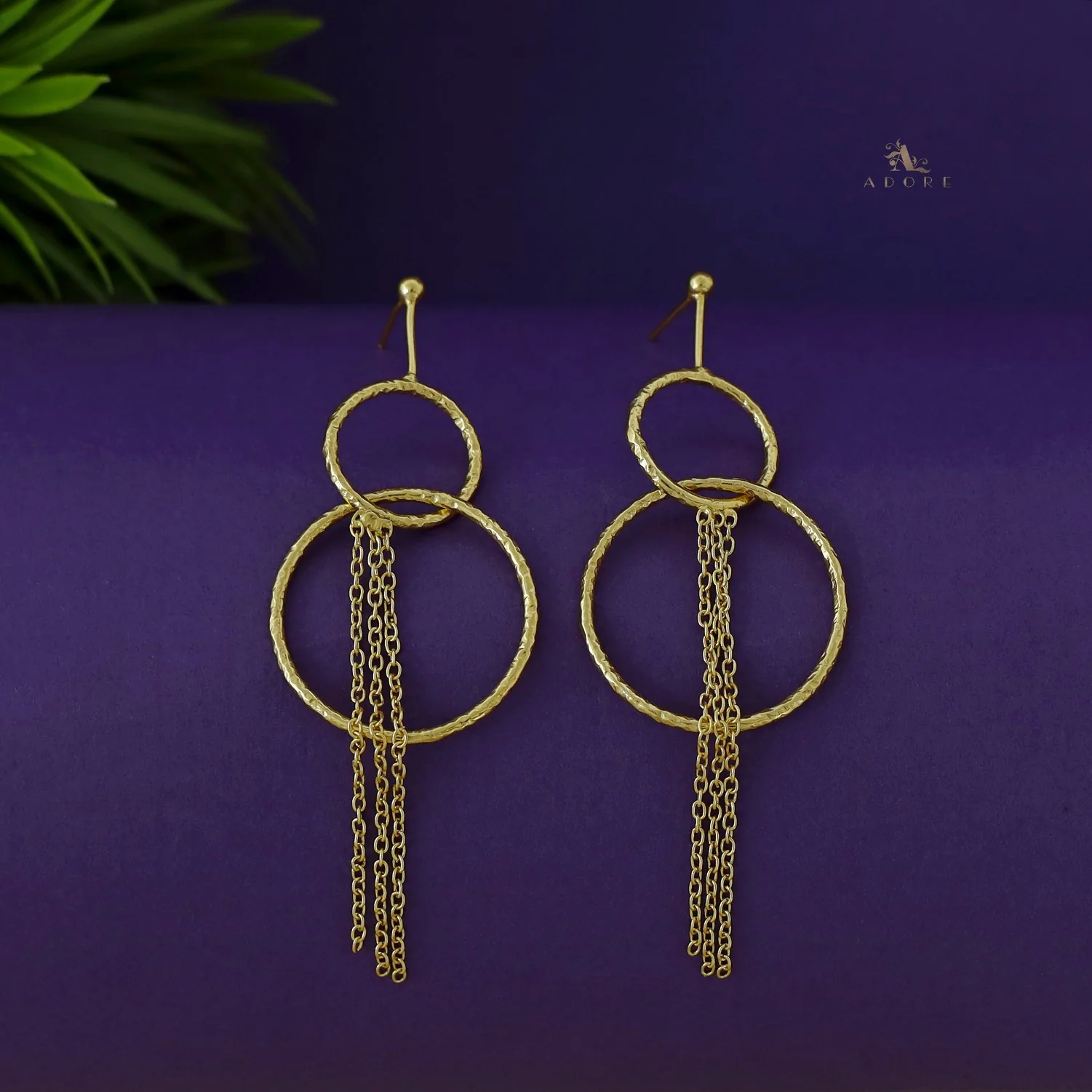 Arielle Dual Golden Hammered Circle Chain Earring - Image 2