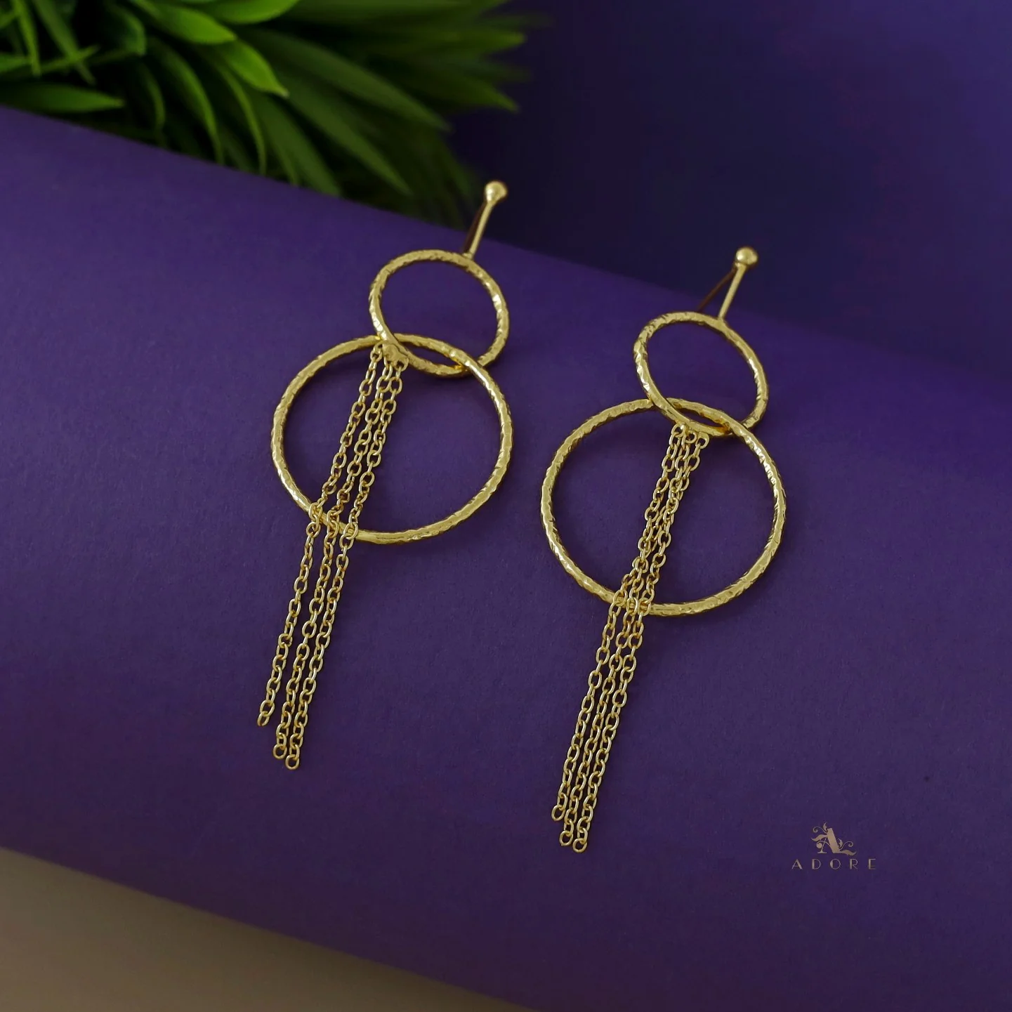 Arielle Dual Golden Hammered Circle Chain Earring - Image 3