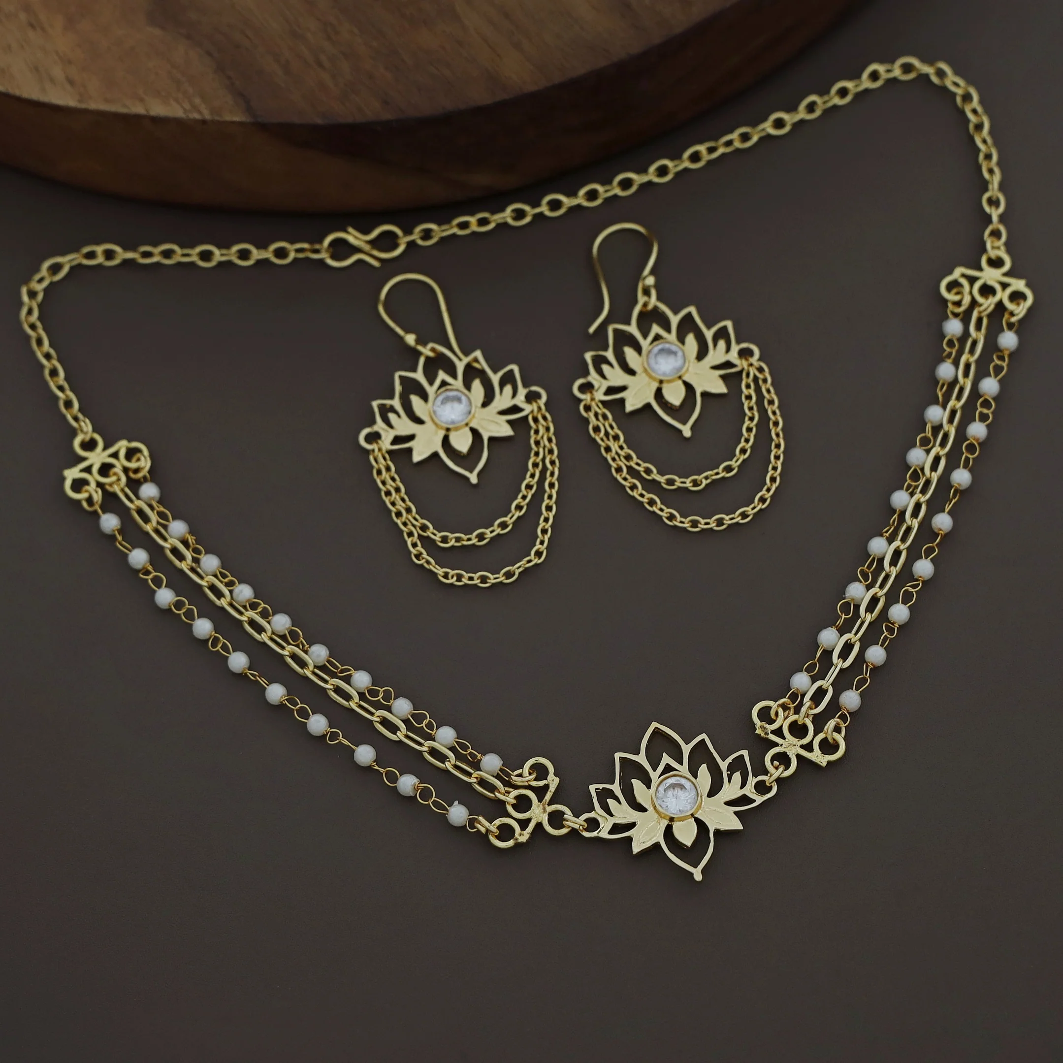 Arini Tri Layer Chainy Lotus Pearl Choker With Drop - Image 3