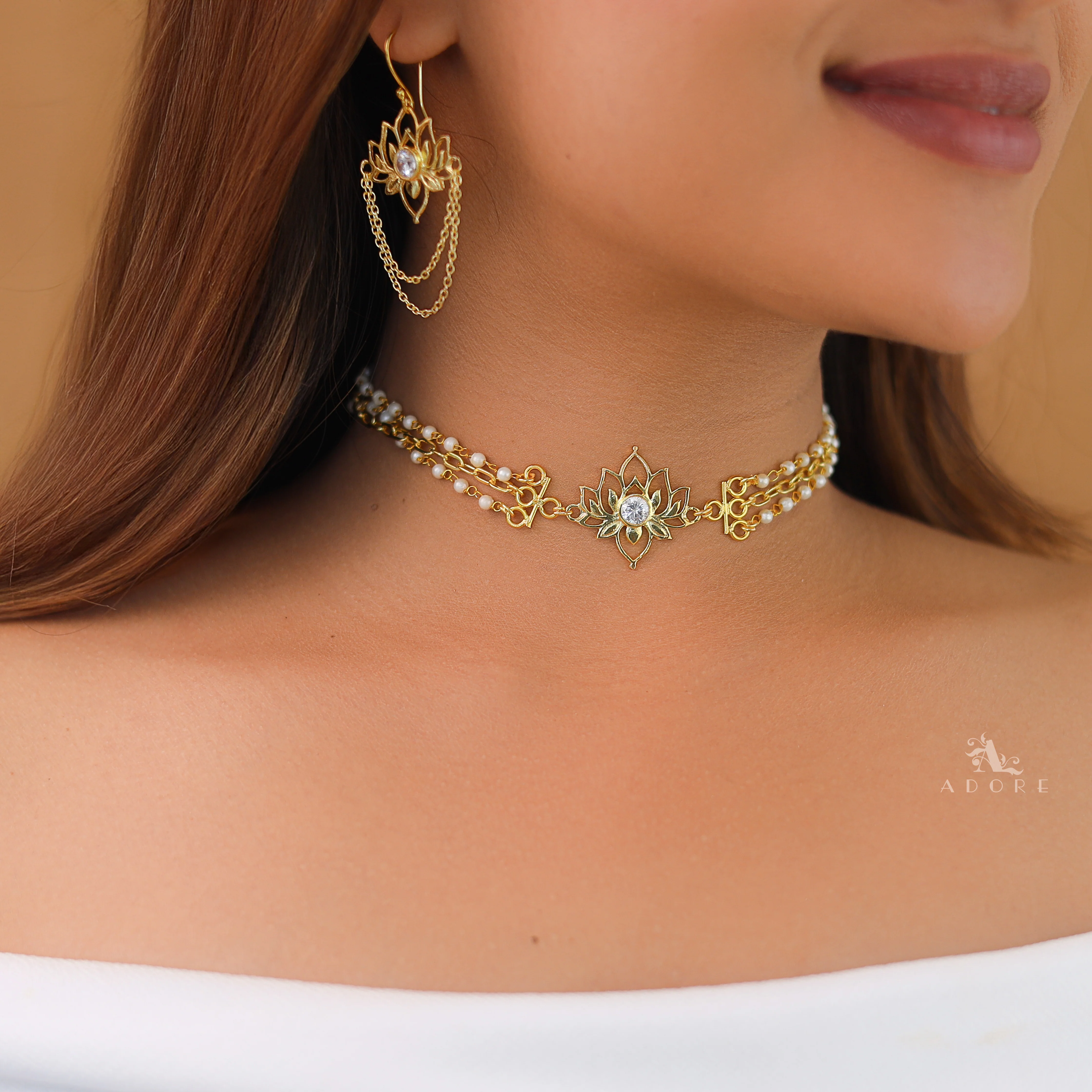 Arini Tri Layer Chainy Lotus Pearl Choker With Drop - Image 6