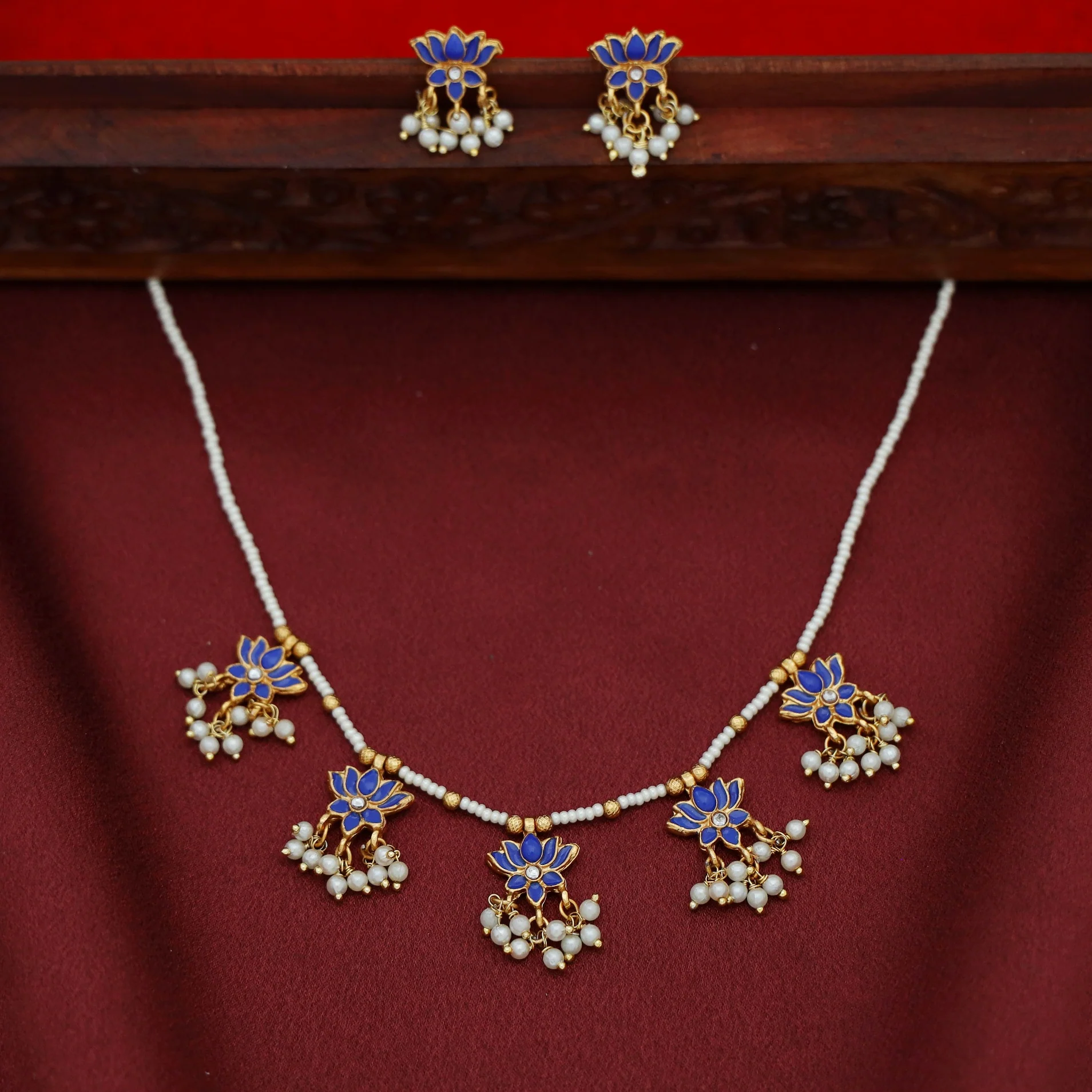 Arusha Mini 5 Lotus Pearl Bead Short Neckpiece With Earring - Image 2