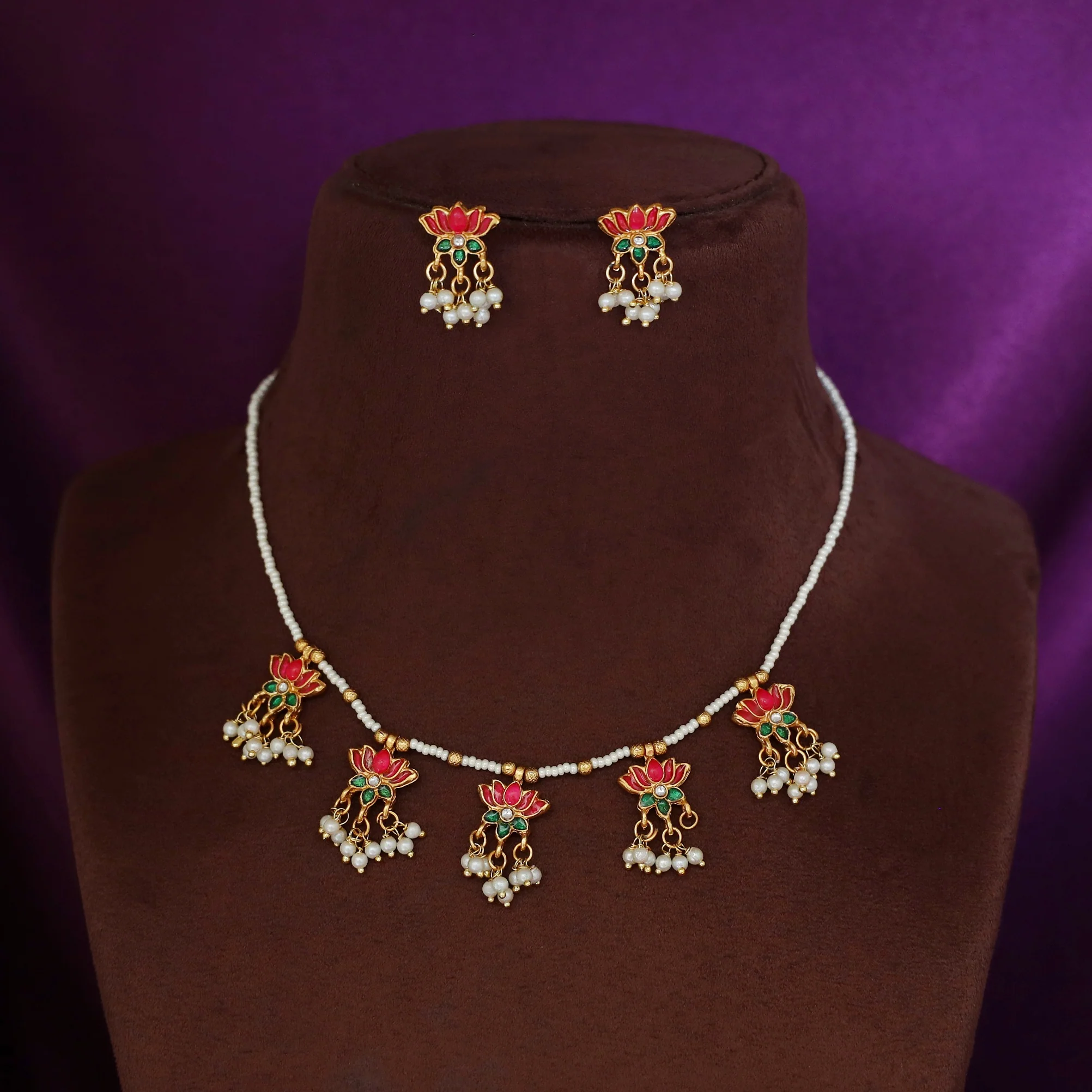 Arusha Mini 5 Lotus Pearl Bead Short Neckpiece With Earring - Image 3